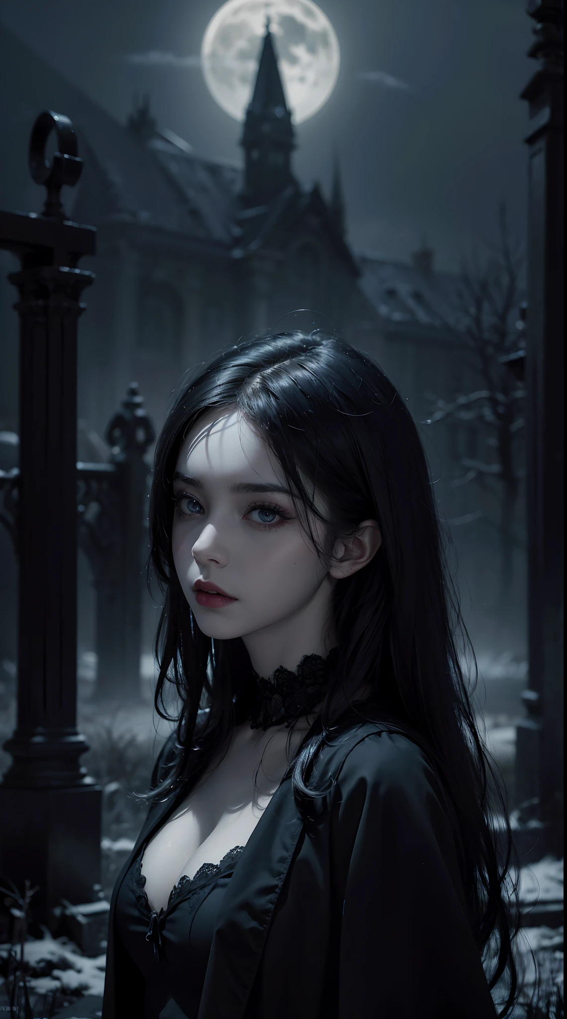 (best quality,4k,8k,highres,masterpiece:1.2),ultra-detailed,(realistic,photorealistic,photo-realistic:1.37),goth girl standing on a graveyard at night,beautiful detailed eyes,long eyelashes,pale skin,dark hair,black clothing,moonlit scenery,gothic architecture,dramatic shadows,mysterious atmosphere,subtle fog,dark and eerie ambience,haunting beauty,vivid colors,gloomy lighting,atmospheric portrait,emotional expression,Tim Burton inspired style