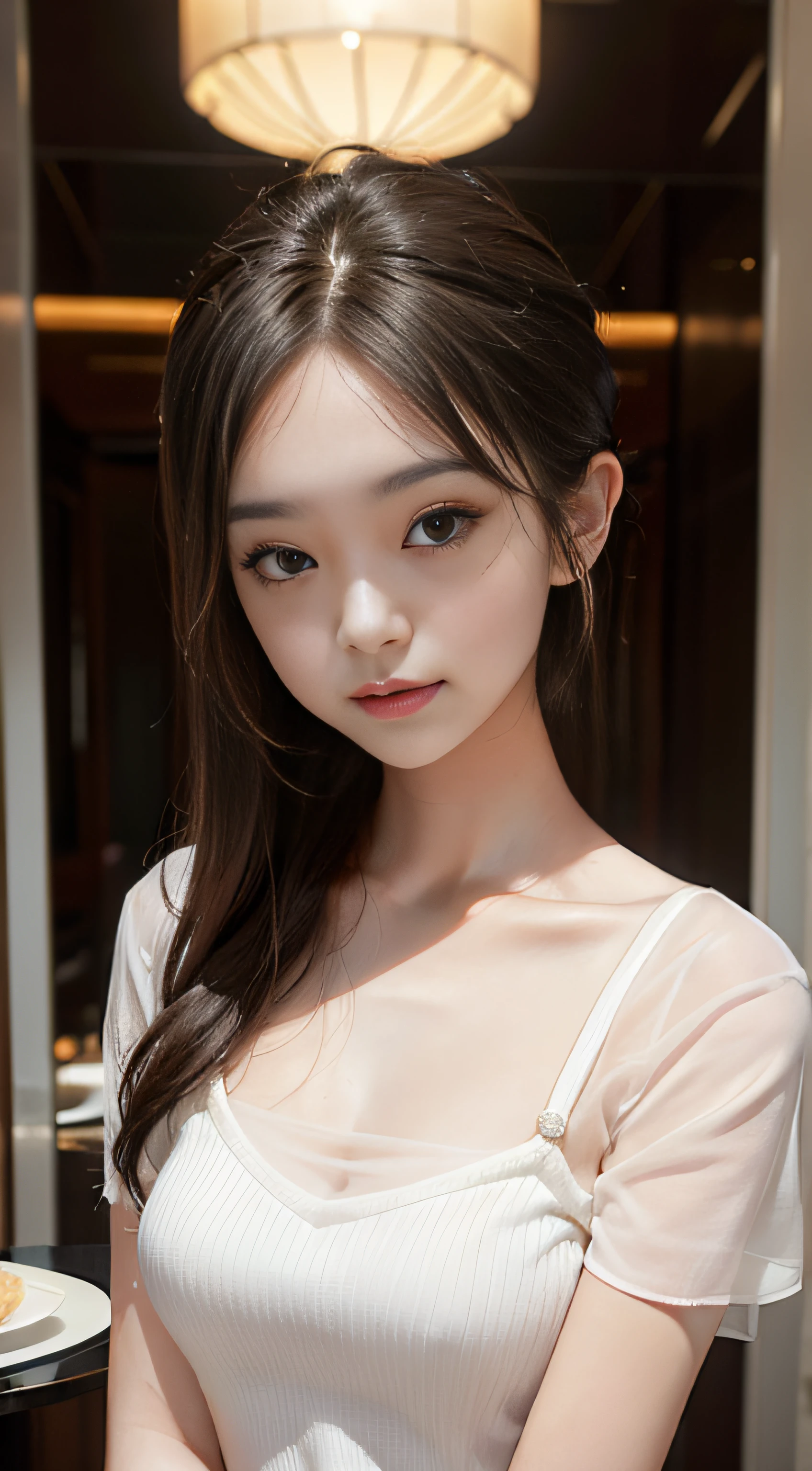 ８ｋ、High resolution、Maid Fashion、beautiful girl、Slender body、young、White skin,、Narrow eyes,High nose,Face lighting、Clear images、Intellectual beauty、skinny、No makeup、Anxious expression、Face lighting,Shiny Hair、single eyelid,Cute pose