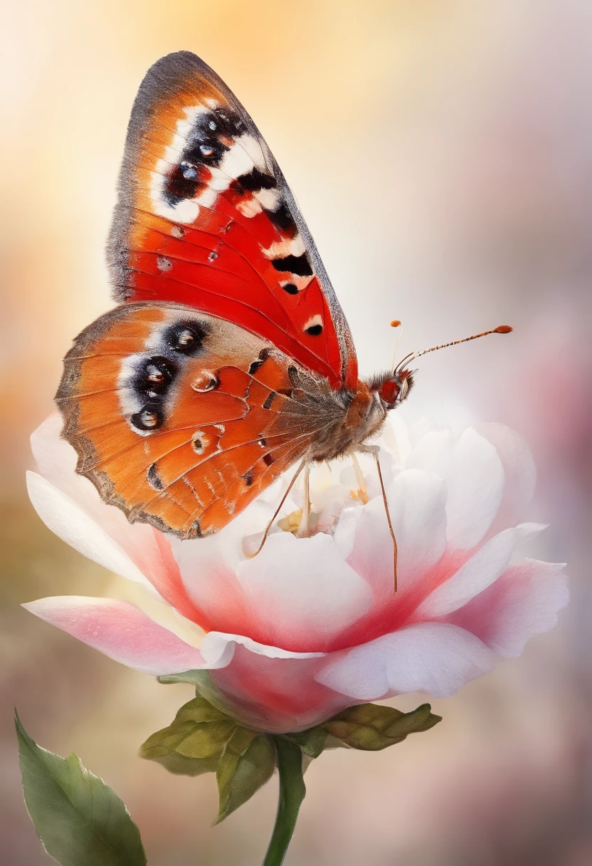 Macro view, Red butterfly on white flower, ultra realistic, depth of field, bokeh, 8k, high octane, 3d light, volumetric light, sunset rays