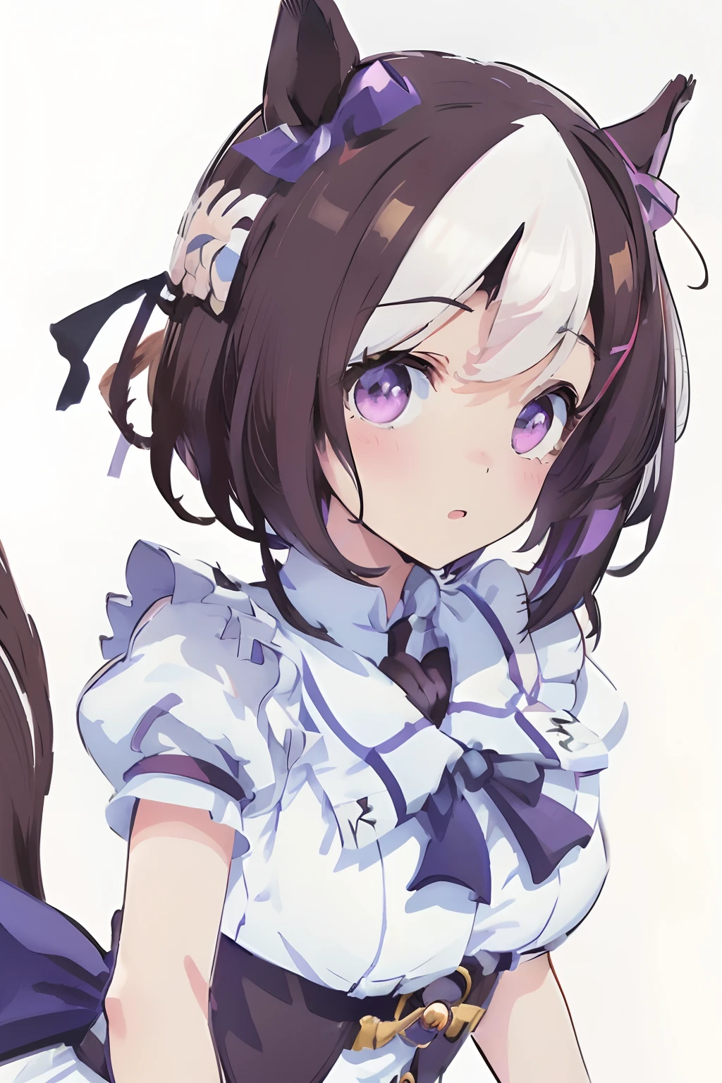 special_week_\(Umamusume)、bow ribbon、bow ribbon、bow ribbon、corsets、Fluffy breasts、nursing、toppless、teats、The upper part of the body、(Refers to the viewer:1.3)、Happiness、(White background:1.5)、(front-facing view:1.3)