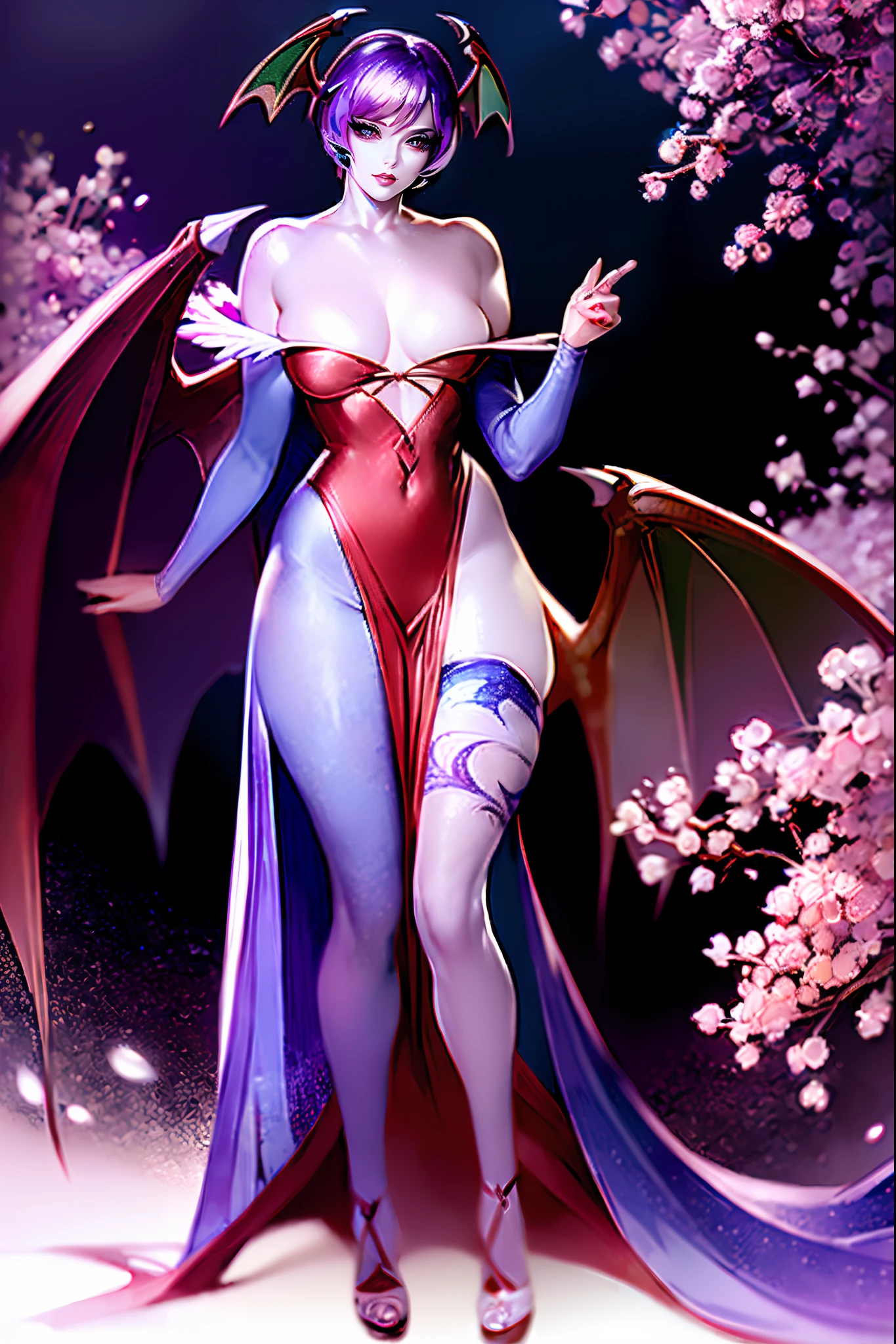 (best quality,masterpiece:1.2),intricate details,beautiful detailed eyes,beautiful detailed lips,extremely detailed eyes and face,longeyelashes,darkstalkers_lilith modeseven,super curvy,comic style,vibrant colors,standing,innocent, full body, standing