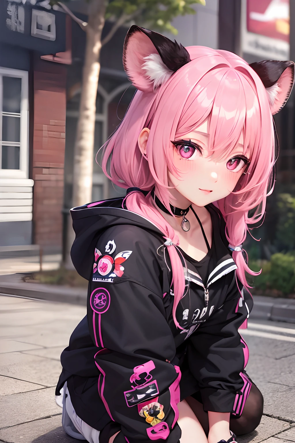 striated hair,Pink twin-tailed hair, Mole under the eyes, mole under mouth, Heart-shaped pupil, longeyelashes, Pink eyes, Heart-shaped choker、full body Esbian、gazing at viewer、Shy, blush, nose blush,Anime style, Color Field Painting, Ray tracing, bloom, One-person viewpoint, nffsw, awardwinning, 16 K, Best Quality, high details, High quality, masutepiece, hight resolution, ccurate, Super Detail、chee