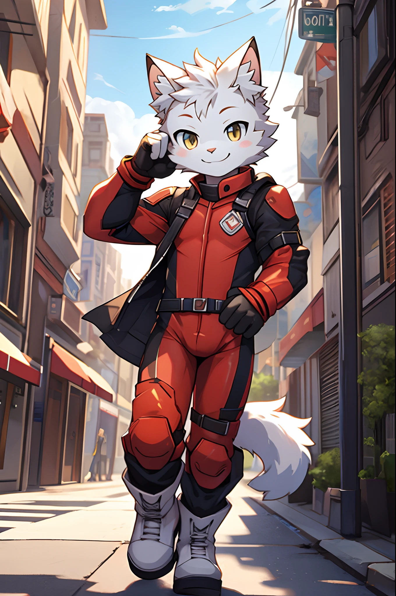 furry,1boy, white cat boy, red tight bodysuit, young hero, white gloves, white boots, street background, smile, cute pose, wink