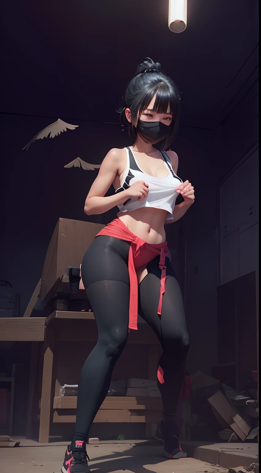 1 girl wearing a half-body singlet, black hair, winged body, sweet smile, red cheeks, flushed, squatting and opening her thighs, crotch exposed, wearing a blindfold, hair tied,