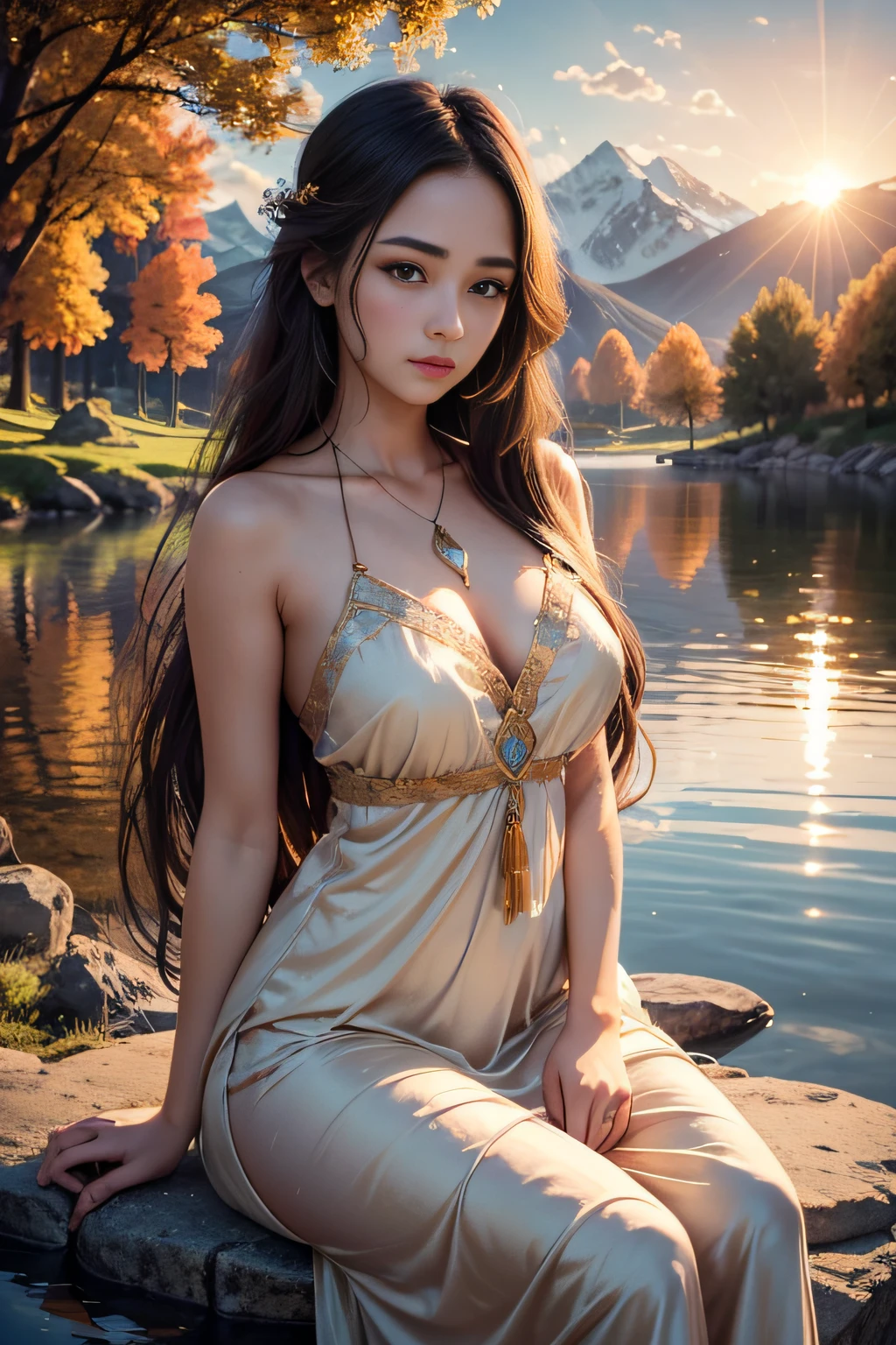 1 girl, serene expression, mesmerizing eyes, straight long hair, flowing dress, poised posture, porcelain skin, subtle blush, crystal pendant
BREAK
golden hour, (rim lighting):1.2, warm tones, sun flare, soft shadows, vibrant colors, painterly effect, dreamy atmosphere
BREAK
scenic lake, distant mountains, willow tree, calm water, reflection, sunlit clouds, peaceful ambiance, idyllic sunset, ultra detailed, official art, unity 8k wallpaper
, zentangle, mandala