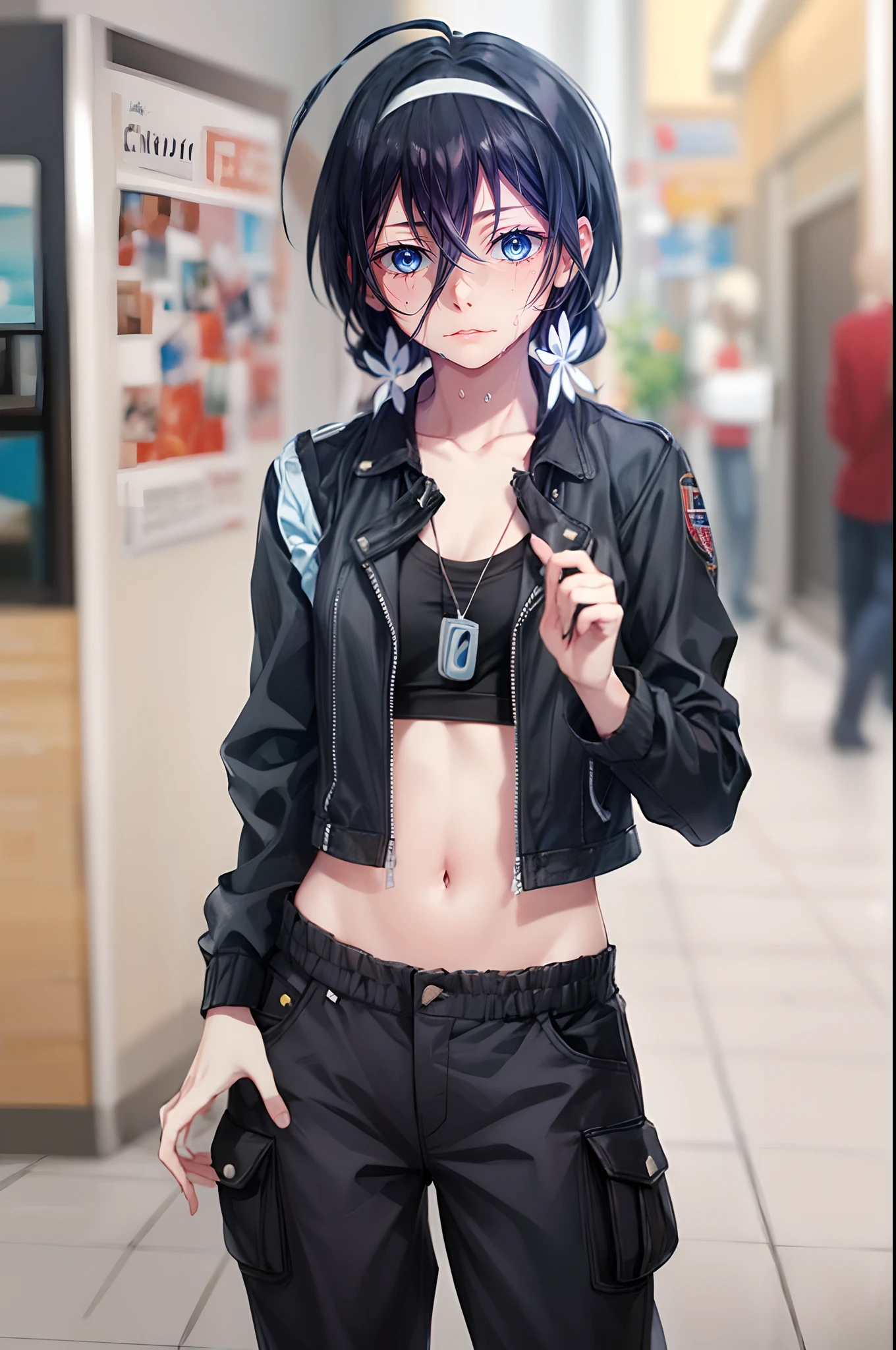 izumi kyouka, long hair, (black hair, low twintails:1.4), hair flower, hair ornament, blurry, navel, black_hair, blurry_background, depth_of_field, black_jacket, black_pants, midriff, jacket, long_sleeves, pants, looking_at_viewer,nstanding, open_clothes, solo, shirt, crop_top, open_jacket, black_shirt, blurry_foreground, stomach, collarbone, solo_focus, breasts, cowboy_shot