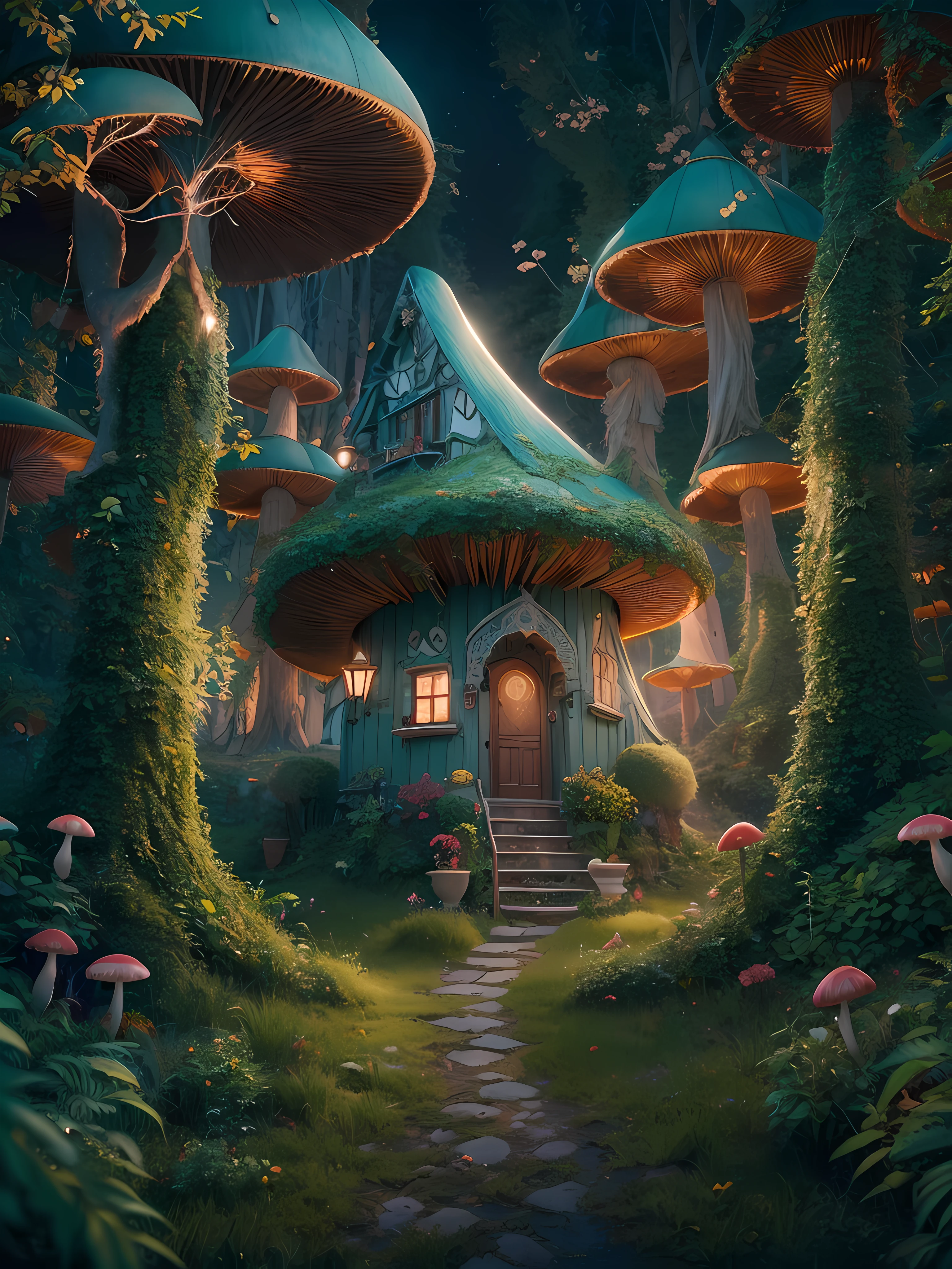 an illustration of the enchanted forest, with tall green trees, small colorful house in a fantasy mushroom in the center, magic, centered, symmetry, painted, intricate, volumetric lighting, beautiful, rich deep colors masterpiece, sharp focus, ultra detailed, astrophotography. The composition is very detailed, 8K, perfect composition., ultra hd, realistic, vivid colors, highly detailed, UHD drawing, pen and ink, perfect composition, beautiful detailed intricate insanely detailed octane render trending on artstation, 8k artistic photography, photorealistic concept art, soft natural volumetric cinematic perfect light