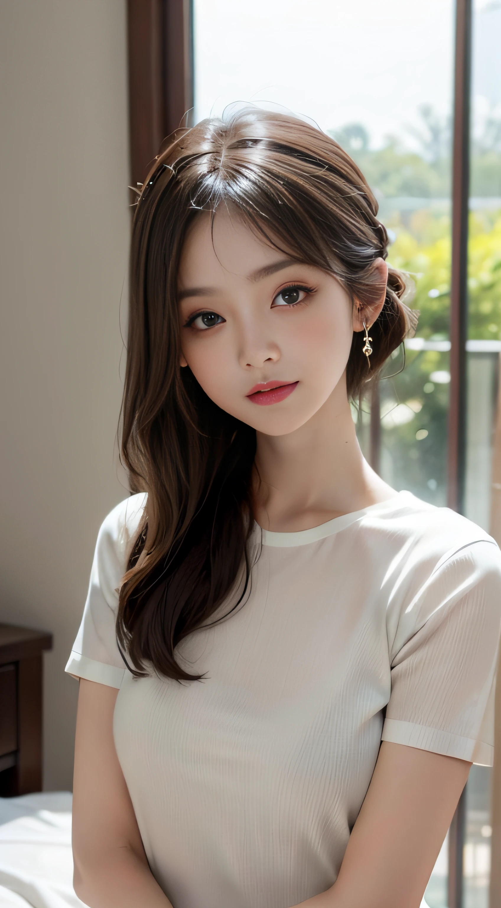masterpiece、Top image quality:1.2、((beautiful young woman with))、Transparent skin:1.2、{A slight smil}、(kawaii)、Transparent short sleeve knit:1.2、luxury hotel、depth of fields、Sharp Focus:1.5、Fine details
