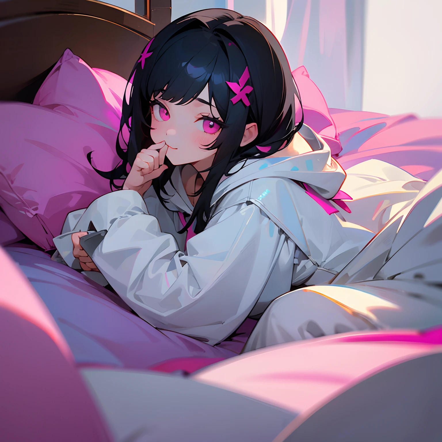 Beautiful illustration、top-quality、girl with、Black hair、shorth hair、hair adornments、White hoodie with hood、Pink eyes、A slight smil、(((Delicat eyes)))、bedroom、sleeps in a bed