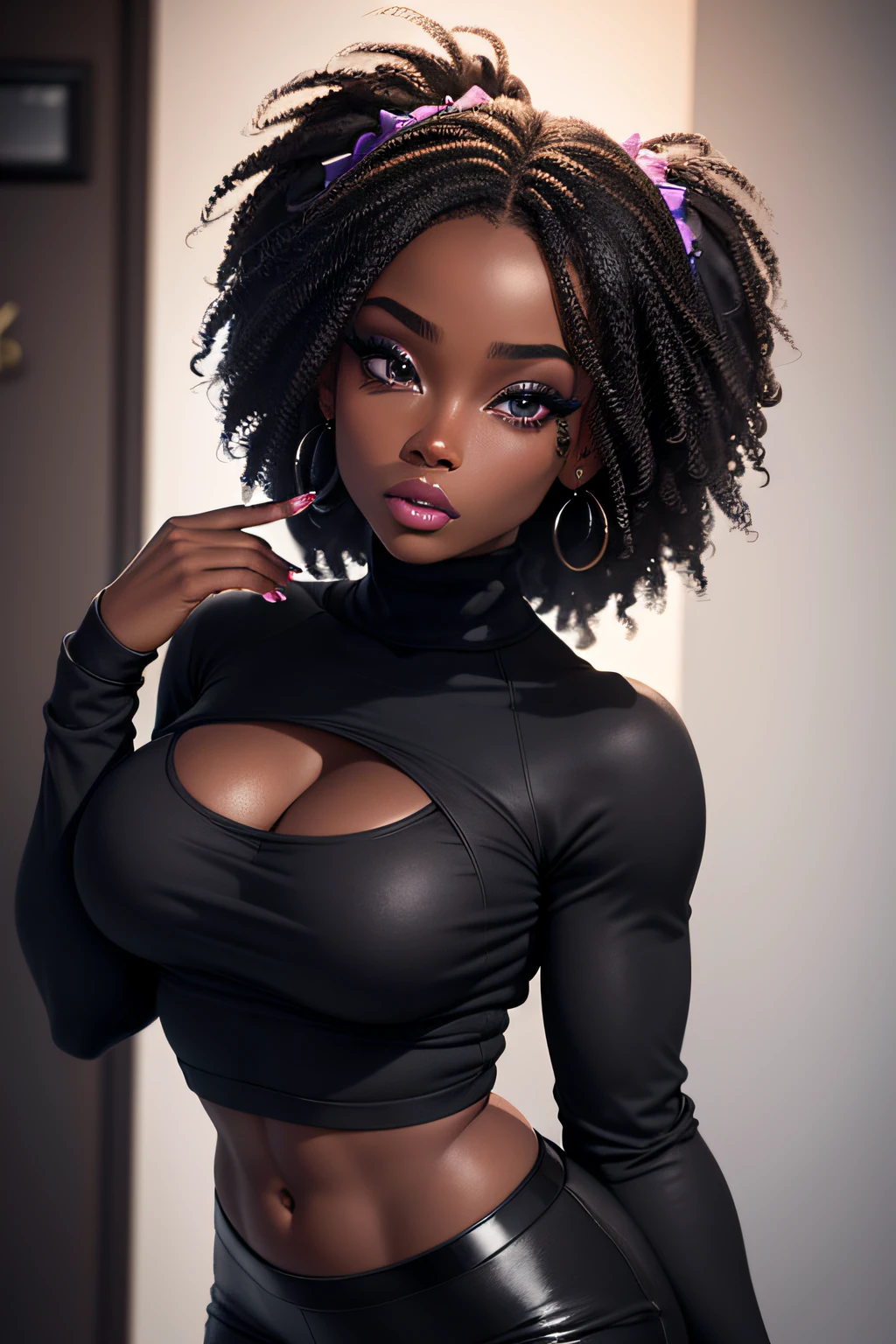 Ultra realistic photo, corps complet de fille noire, Best quality, Masterpiece, black woman inspired by Barbie, peau noire, beau visage, Porter une jupe et un sweat-shirt noir, realistic smooth skin, Ultra realistic skin, pose dynamique. Bonne composition, stunning, very detailed skin, parfait beau visage jeune