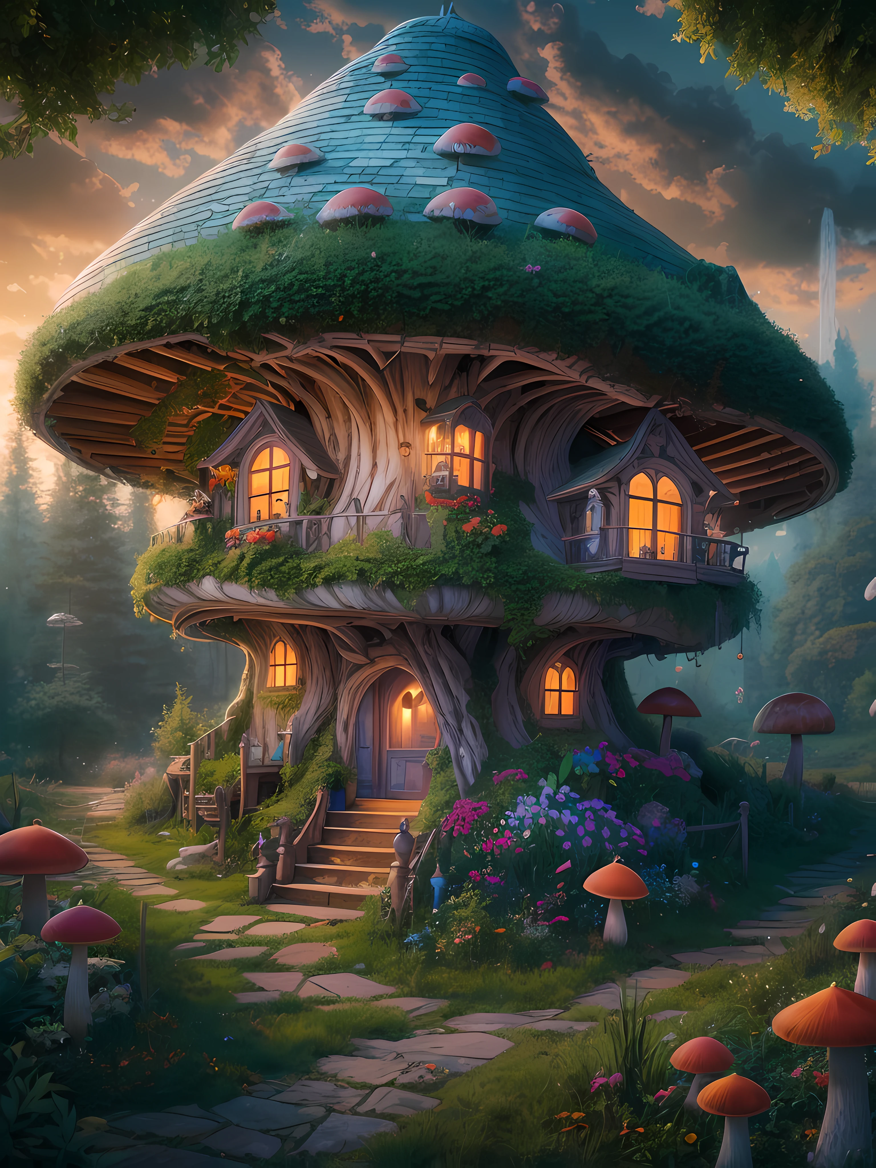 an illustration of the enchanted forest, with tall green trees, small colorful house in a fantasy mushroom in the center, magic, centered, symmetry, painted, intricate, volumetric lighting, beautiful, rich deep colors masterpiece, sharp focus, ultra detailed, astrophotography. The composition is very detailed, 8K, perfect composition., ultra hd, realistic, vivid colors, highly detailed, UHD drawing, pen and ink, perfect composition, beautiful detailed intricate insanely detailed octane render trending on artstation, 8k artistic photography, photorealistic concept art, soft natural volumetric cinematic perfect light