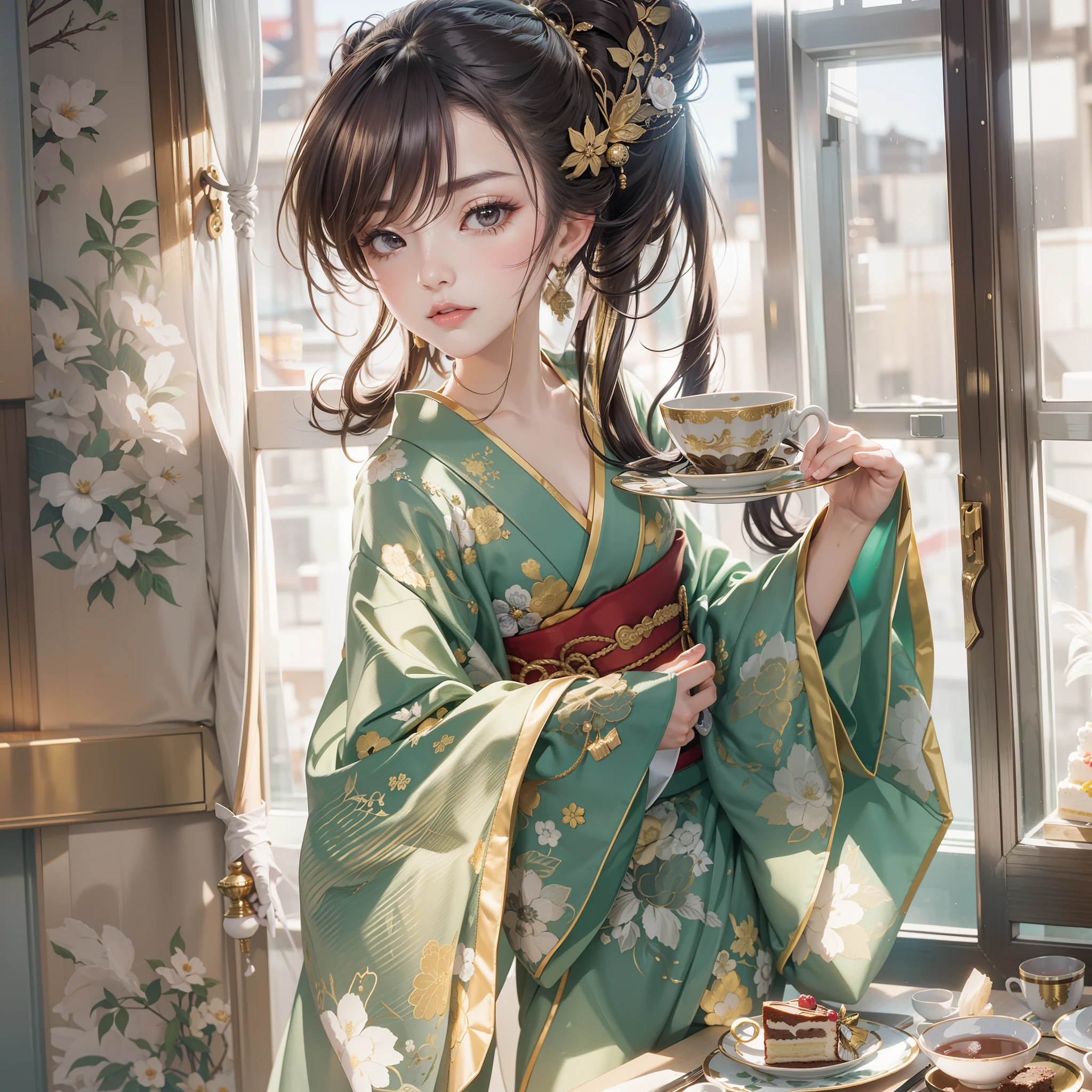 Detailed background(tea shop(The cityscape of Kyoto seen outside the window)),Laid on the table(a cake).Hold it in your right hand(cups＆saucer),BREAK,Put it in your mouth(a cake),BREAK,elaborate costume{Luxury kimono(Colorful kimono(Detailed golden embroidery,))}、(Japanese Idol(actress):1.2)(face perfect:1.2),Depicting a beautiful and classy adult woman。glossy dark hair(poneyTail),Heart in the eye。 Wallpapers 16K, .Blur the background with a sickle,((masutepiece)), ((Best Quality)),{{a portrait photo of}},full body Esbian