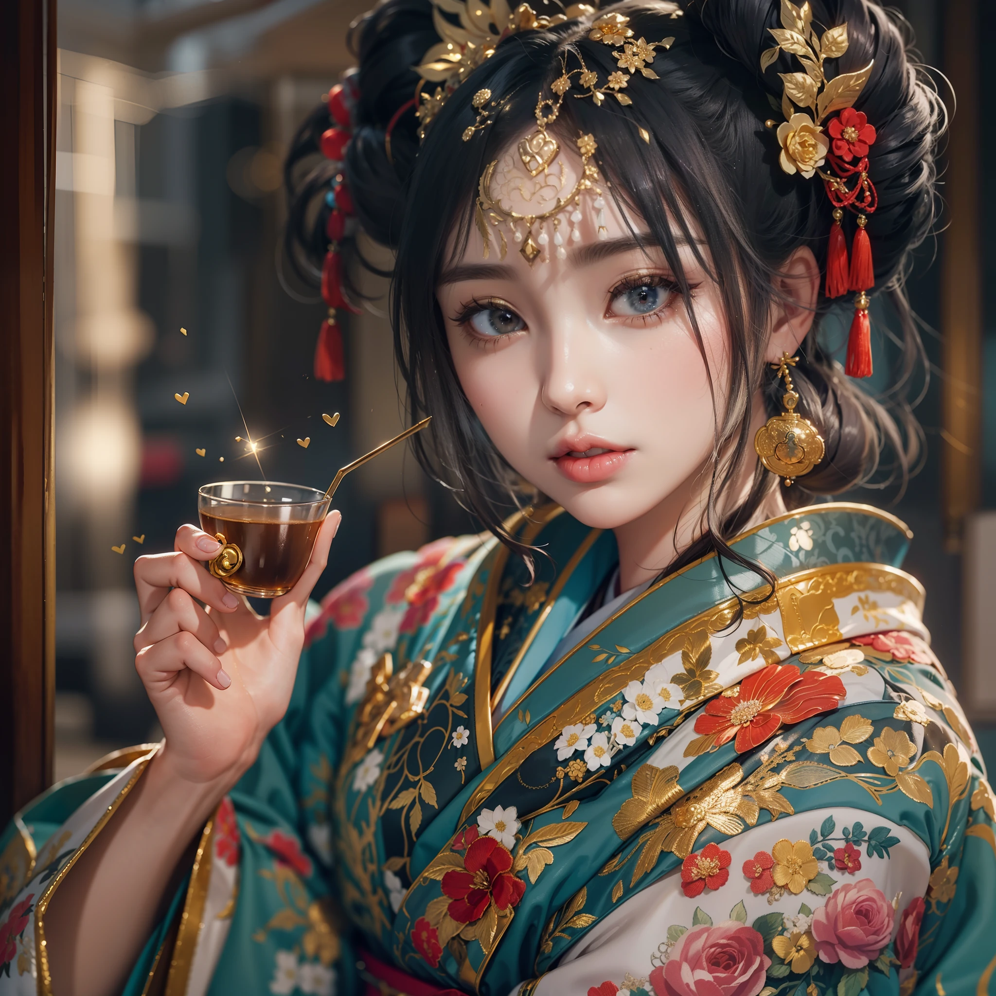 Detailed background(tea shop(The cityscape of Kyoto seen outside the window)),Laid on the table(a cake).Hold it in your right hand(cups&saucer),BREAK,Put it in your mouth(a cake),BREAK,elaborate costume{Luxury kimono(Colorful kimono(Detailed golden embroidery,))}、(Japanese Idol(actress):1.2)(face perfect:1.2),Depicting a beautiful and classy adult woman。glossy dark hair(poneyTail),Heart in the eye。 Wallpapers 16K, .Blur the background with a sickle,((masutepiece)), ((Best Quality)),{{a portrait photo of}},full body Esbian