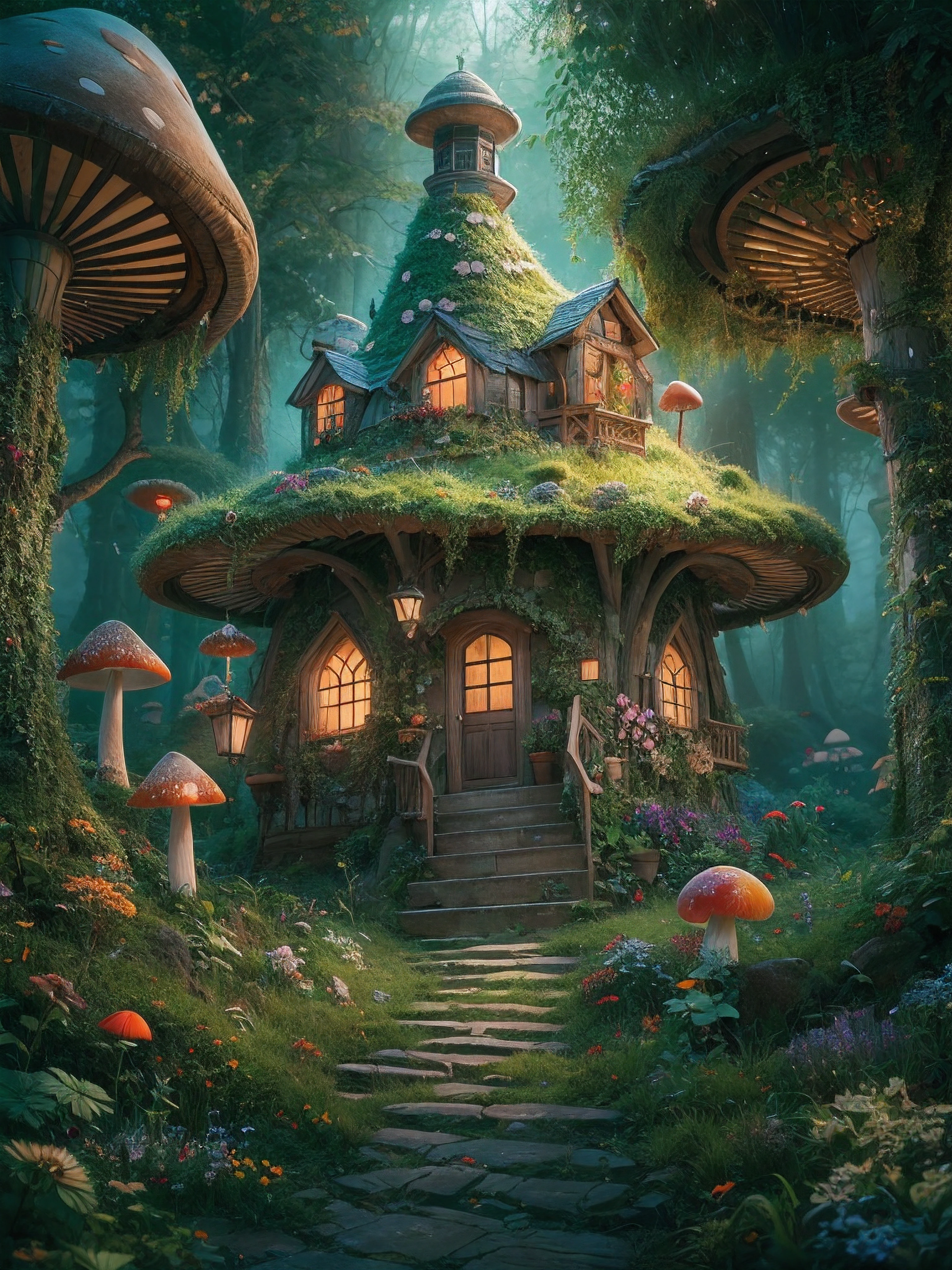 an illustration of the enchanted forest, with tall green trees, small colorful house in a fantasy mushroom in the center, magic, centered, symmetry, painted, intricate, volumetric lighting, beautiful, rich deep colors masterpiece, sharp focus, ultra detailed, astrophotography. The composition is very detailed, 8K, perfect composition., ultra hd, realistic, vivid colors, highly detailed, UHD drawing, pen and ink, perfect composition, beautiful detailed intricate insanely detailed octane render trending on artstation, 8k artistic photography, photorealistic concept art, soft natural volumetric cinematic perfect light