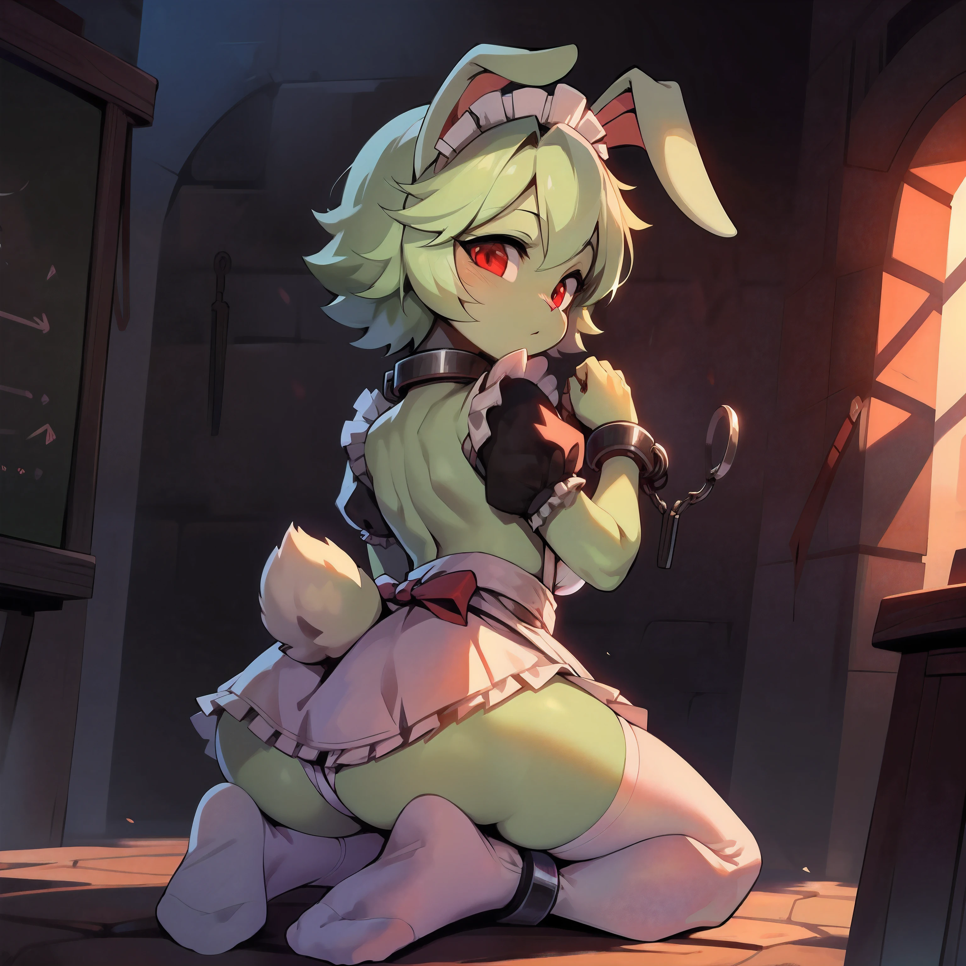 Best quality,Masterpiece,Cartoony,Maid skirt,((white stockings,White knee-length socks)),Kneel on the blackboard,(metalcollar,Handcuffs,Wear leg irons),(bit girl),((Short hairless hair,rabbit Facial Features,rabbit Body Features,Pale green body)),Red eyes,(bunny tail),Rounded rabbit feet,Medieval execution site background,Rear view