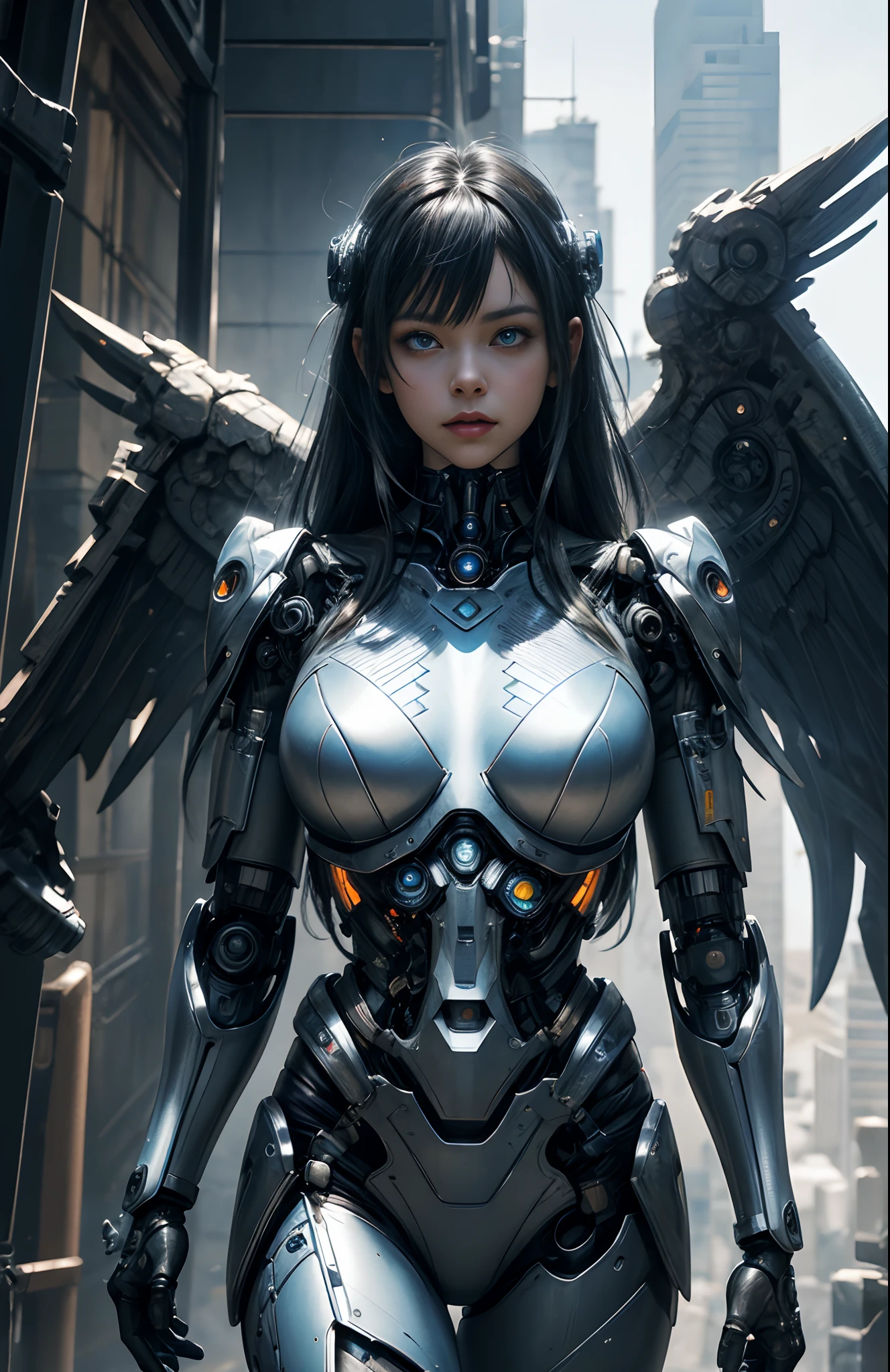 a close up of a woman in a costume with wings, valerian steel, detailed digital anime art, beautiful cyborg angel girl, portrait of a cyborg queen, perfect anime cyborg woman, beutiful girl cyborg, 4k detailed digital art, 4k highly detailed digital art, stunning cgsociety, detailed fantasy digital art, 2. 5 d cgi anime fantasy artwork, cyberpunk robotic elvish queen, giantess pose, viewed from the ground