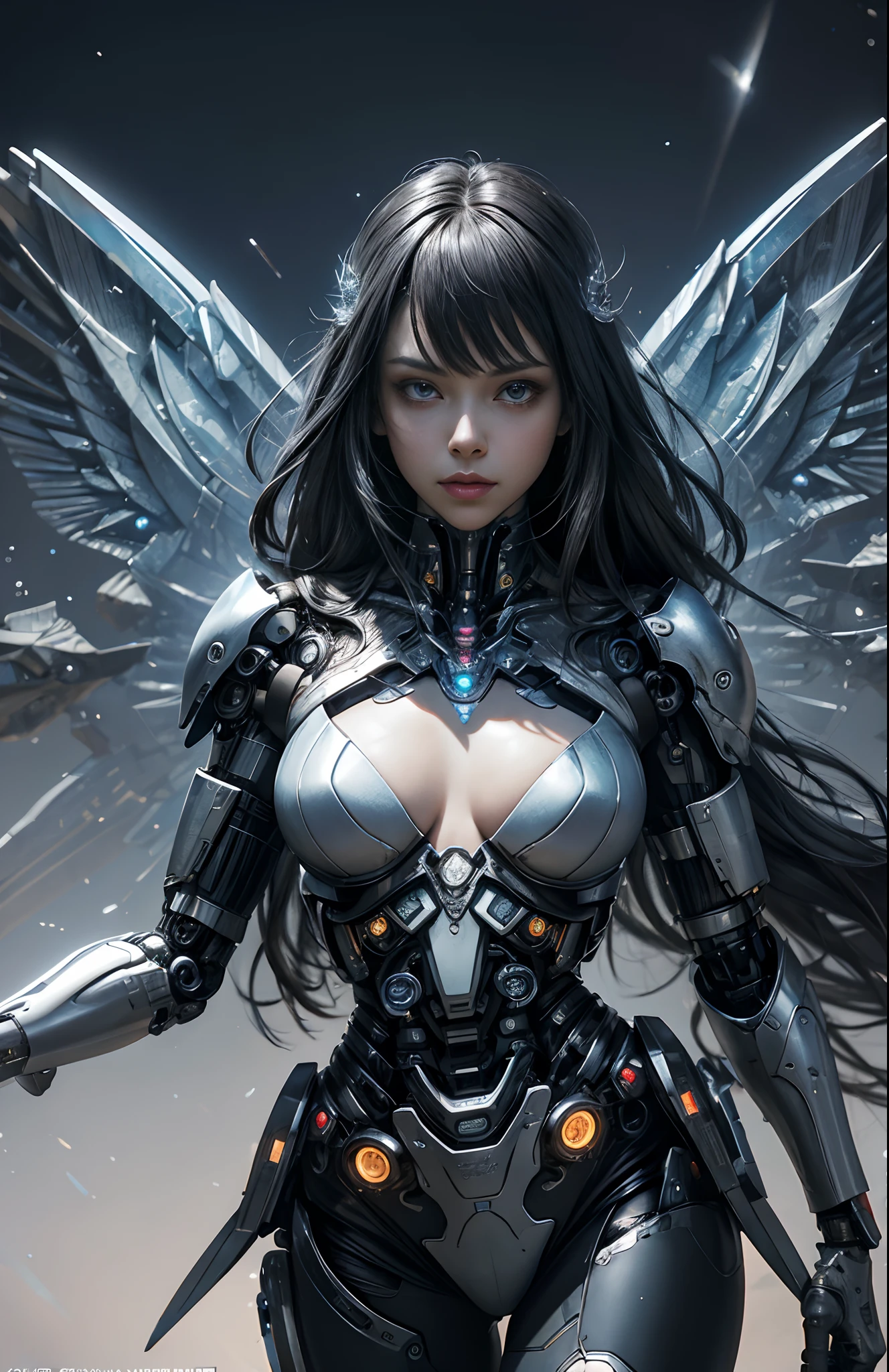 a close up of a woman in a costume with wings, valerian steel, detailed digital anime art, beautiful cyborg angel girl, portrait of a cyborg queen, perfect anime cyborg woman, beutiful girl cyborg, 4k detailed digital art, 4k highly detailed digital art, stunning cgsociety, detailed fantasy digital art, 2. 5 d cgi anime fantasy artwork, cyberpunk robotic elvish queen, giantess pose, viewed from the ground