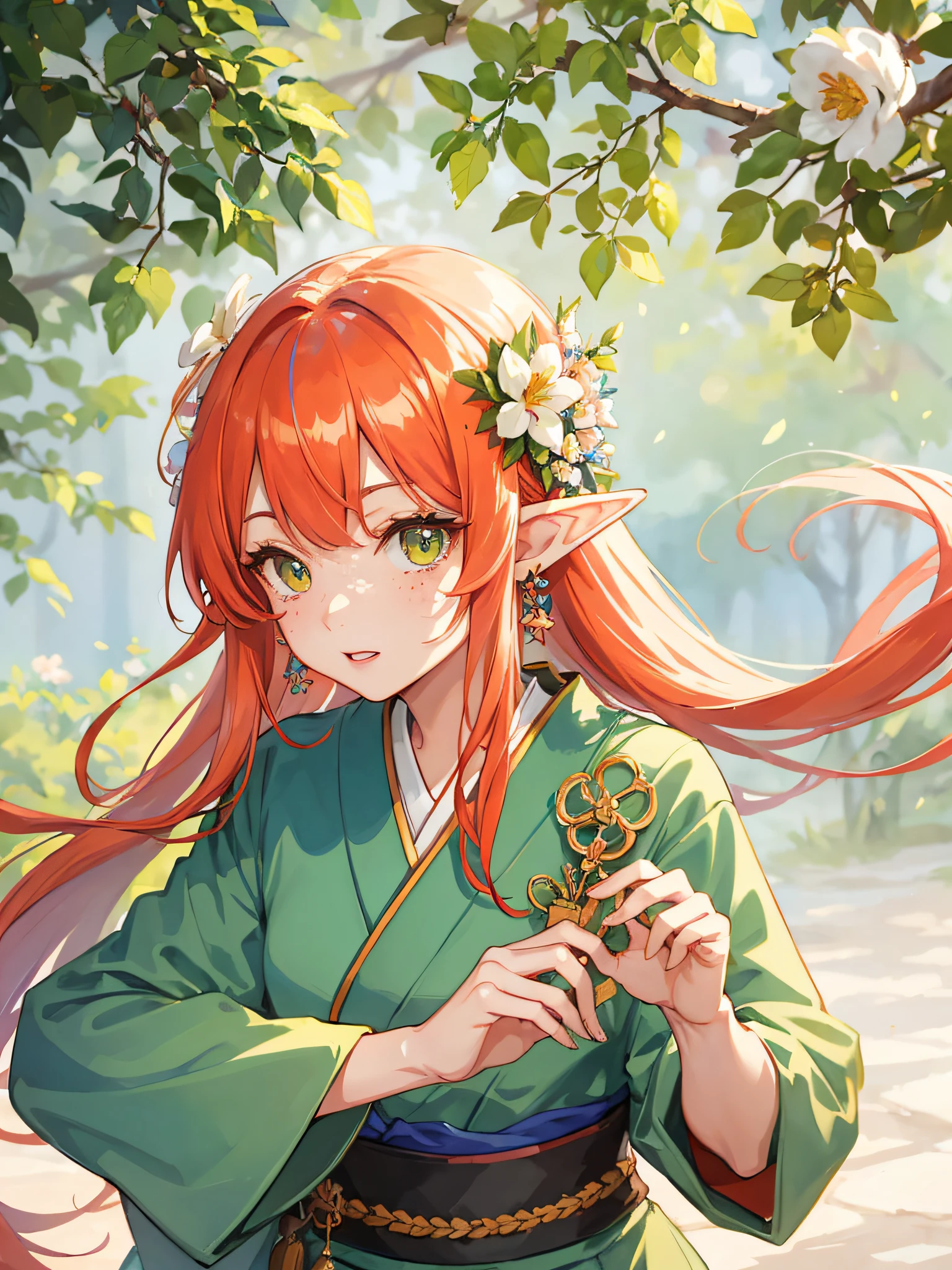 (watercolor: 1.2), japanese elf princess, flower, freckles, bangs, redhead, long hair, green eyes, hair between eyes, flower earrings, blurred background, high resolution