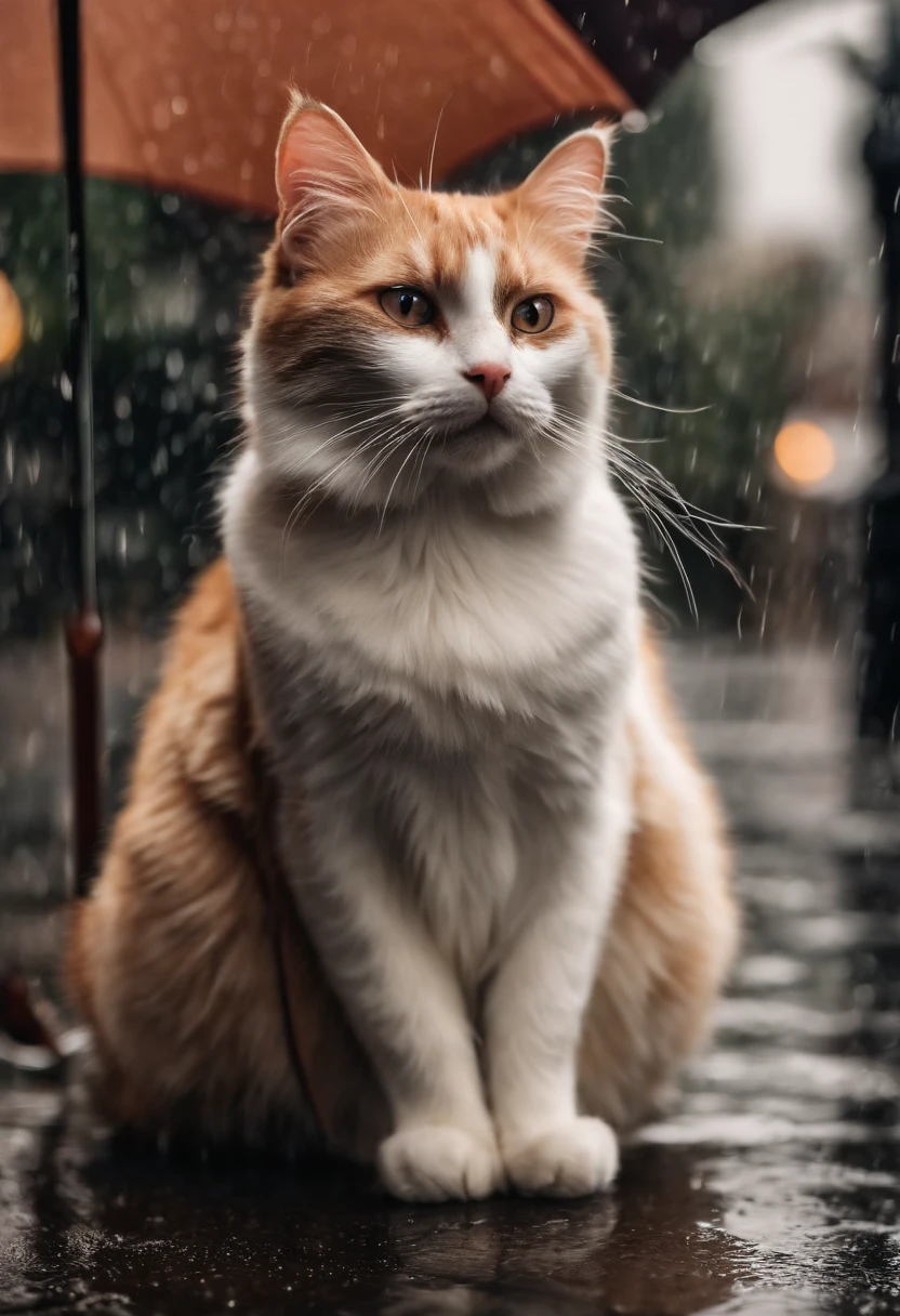 Brown white cat sitting under an umbrella during rain
