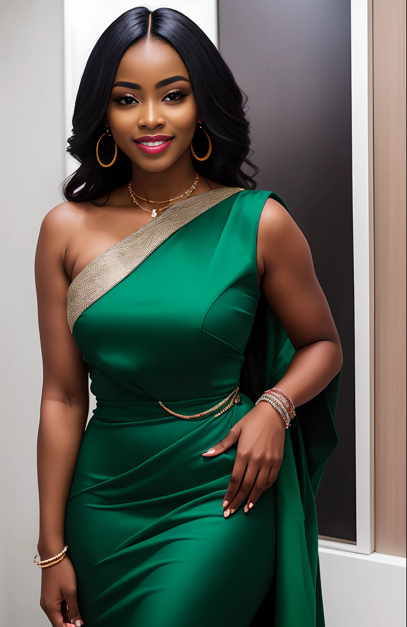 "Generate a high-resolution image of a beautiful Nigerian woman named Alice. She stands confidently, facing the camera, dressed in a stunning Georges green-white-green native dress, symbolizing Nigeria's rich culture. Her hazel eyes sparkle with charm, and her captivating smile lights up the portrait. Place her in the backdrop of a sophisticated, futuristic HD home setting, ensuring that every detail, from the intricacies of her outfit to the futuristic home's design, is captured flawlessly with the highest camera resolution."