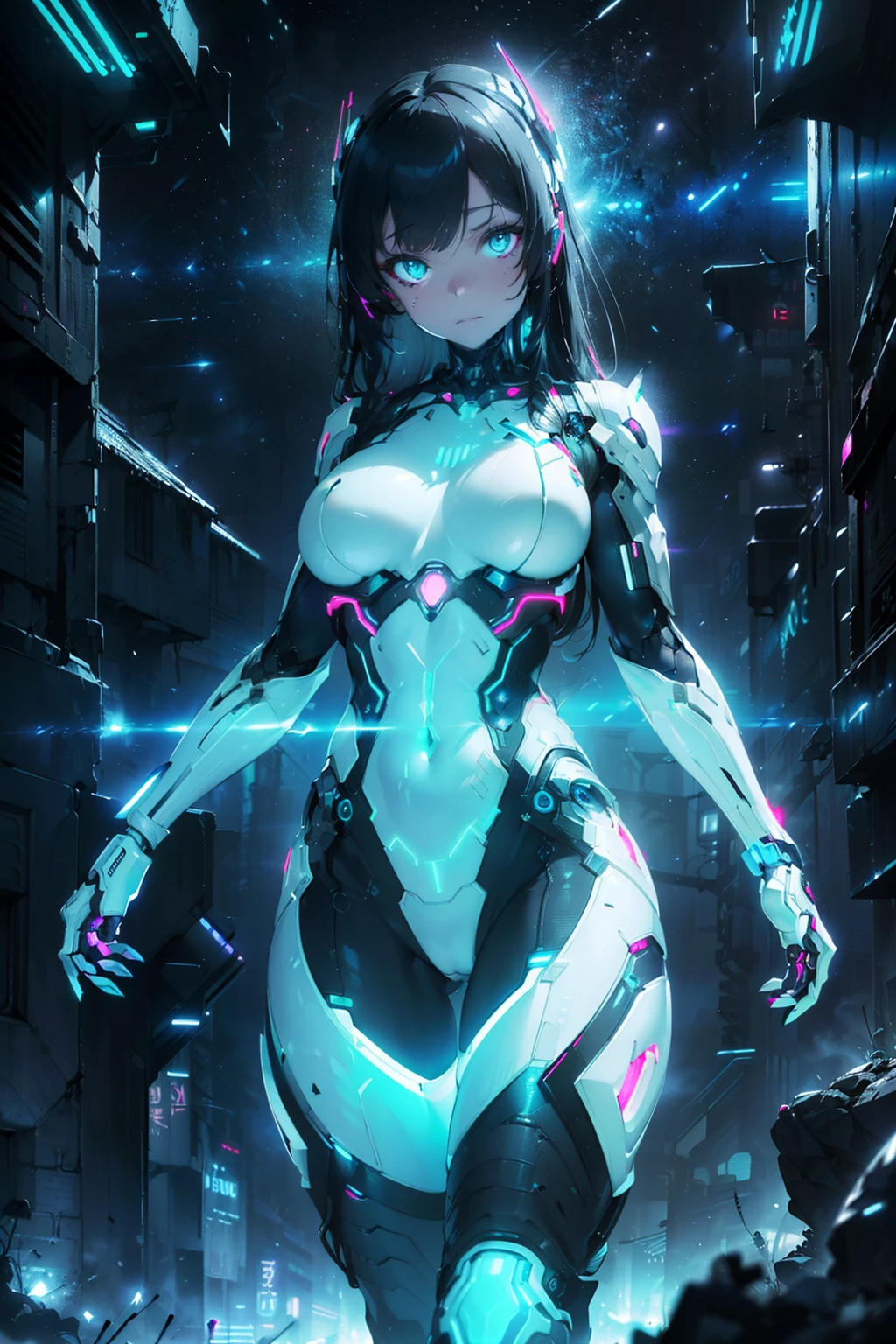cyborg realistic and intricate perfect beauty face, detailed sharp galaxy glowing eyes, detailed face, (((from face to the waist))), (((thin beauty shape))), ((in realistic neon-lit sci-fi white plugsuit metal mech parts and robotic tentacles with neon-lit lights)), masterpiece, 4k, UHD