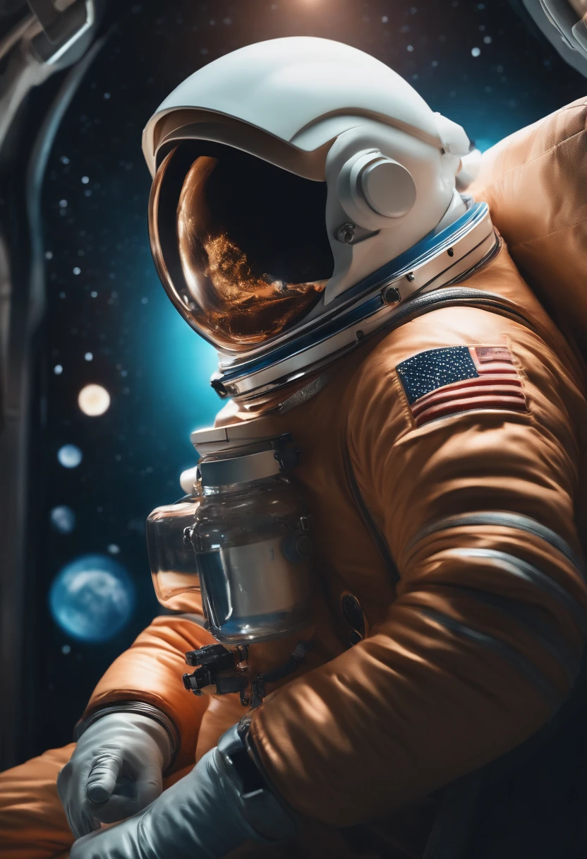 1 astronauta sentado em rochas, Looking out over the space with a bottle in hand, ultra realista, 4k, 8k