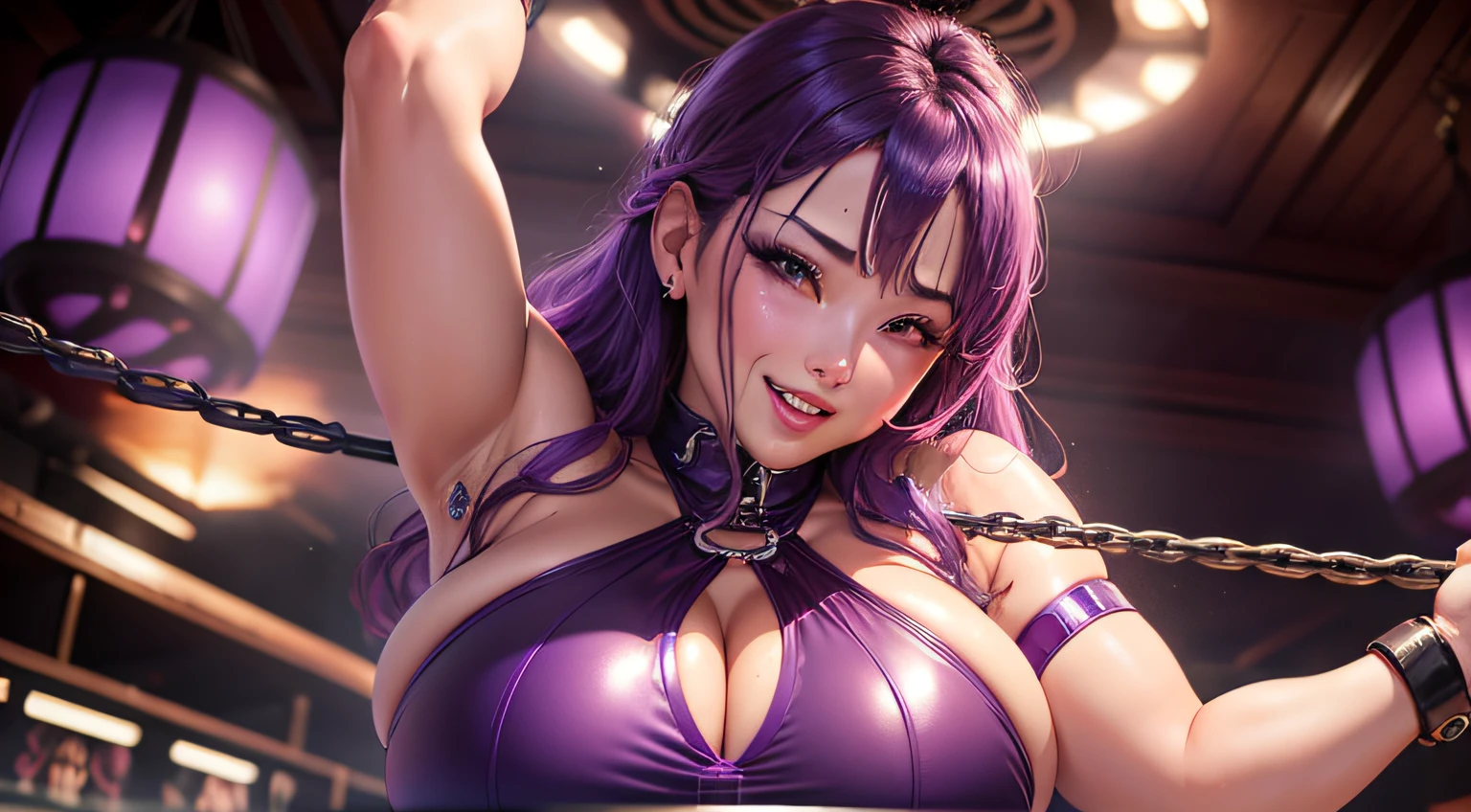 Chinese Idol Metallic purple competitive swimsuit Purple hair eye glass Changing rooms at night A MILF sexy smiling bbw large boob full of sweat Skin shiny with sweat ((Holding arms and legs with chains suspended from the ceiling、Lift high in the air)) Red Rouge plump lips