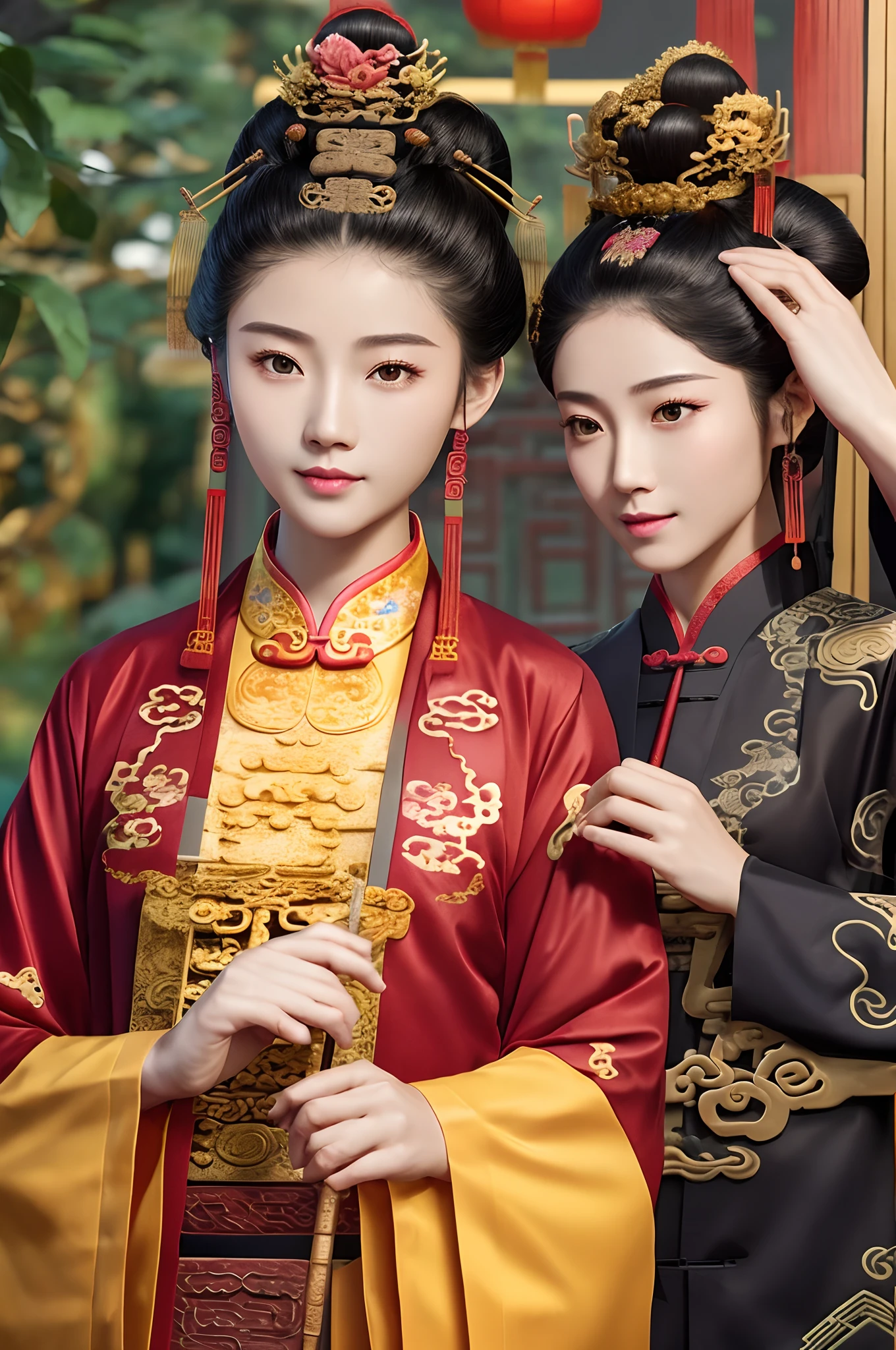 a couple of lesbians,Taoist,single hairbun,(an ancient Chinese hairstick on her head:1.5),Use mahogany hairpins,(transparent clothes),leering:1.4,Reveals translucent lace panties,(ulzzang-6500-v1.3,pureeroface_v1,octane rendering),elegant pose,xxmix girl woman,perfect composition golden ratio, masterpiece, best quality, 4k, sharp focus. Better hand, perfect anatomy.