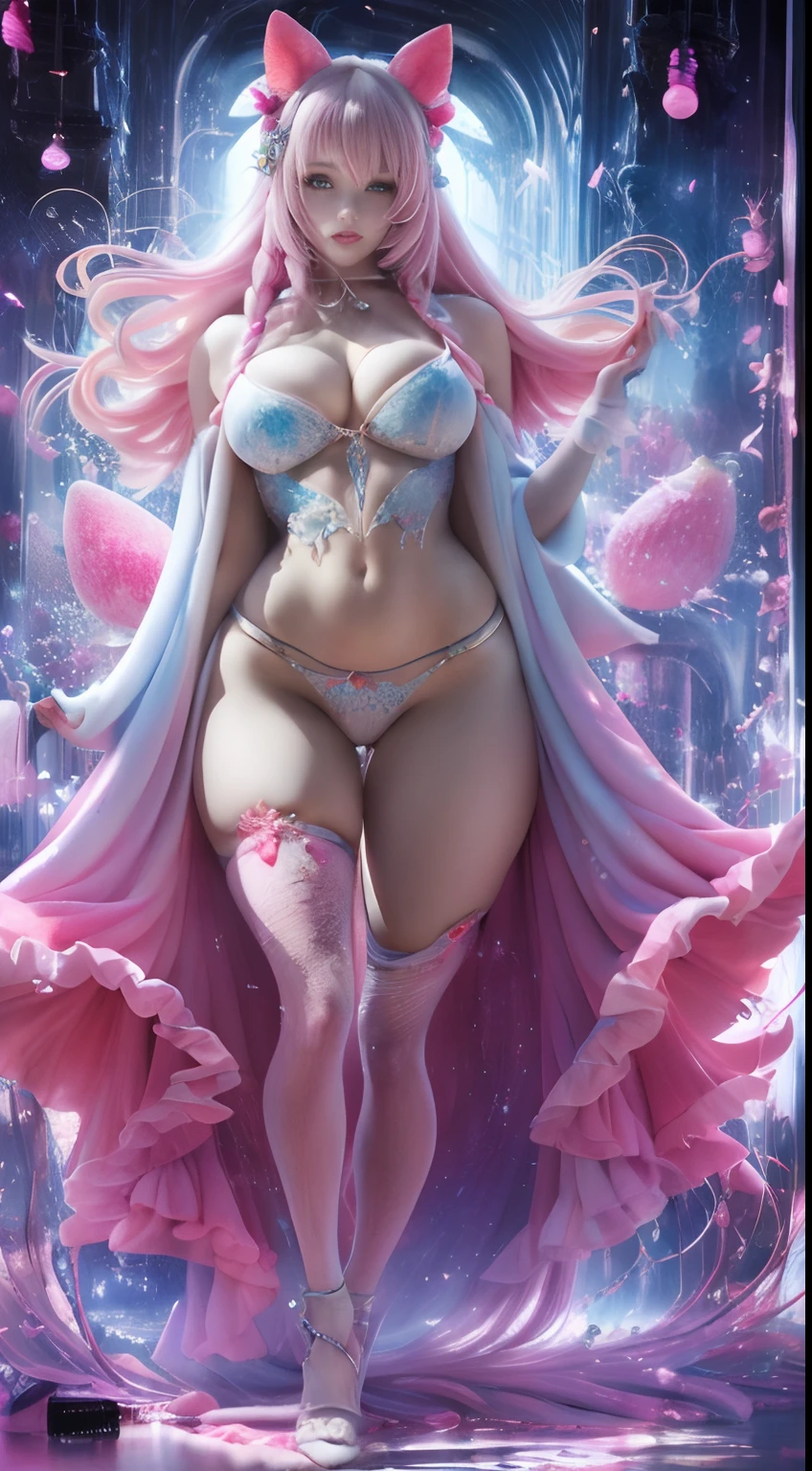strawberry pink color, A captivating anime girl gracefully emerges from the pages of a watercolor painting, her vibrant and intricate colors breathing life into the artwork. She wears extraordinary fantasy costumes,Decorated with exquisite details, reflecting the enchanting world she inhabits. Luminescent elements, like glowing crystals and ethereal wisps, surround her, casting a soft, otherworldly glow. The watercolor style imbues the image with a sense of fluidity and delicacy, as if the colors are effortlessly blending and bleeding into one another. Camera shot: Medium Shot, Camera lens: softfocus, Lighting: luminescent glow, watercolor brushstrokes, Long legs, Stunning composition, Foot braids, Beautiful and detailed legs, belly button expose, exposed cleavage, shining thighs, shining legs, showing a delicate slim figure and graceful curves, (ultra Realistic), ( illustration), (High res), (8K), (highly detailed), (the best illustration), (Beautiful Detailed Eyes), (best Quality), (Super Detailed), (Master peace), (Wallpapers), (Detailed Face),