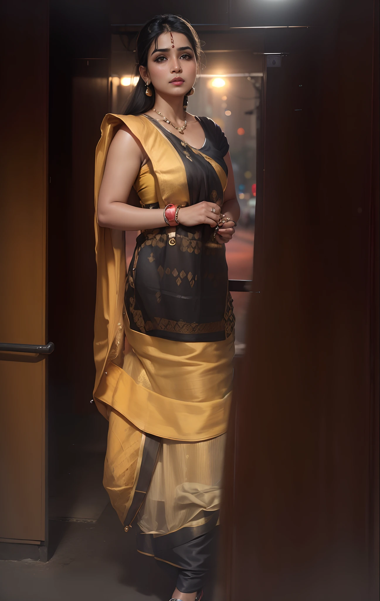 (((desi girl))), chubby face, natural skin, wearing hot deep neck top and dupatta, charming black hair, ((hair ends are blonde)), city streets background, bokeh
