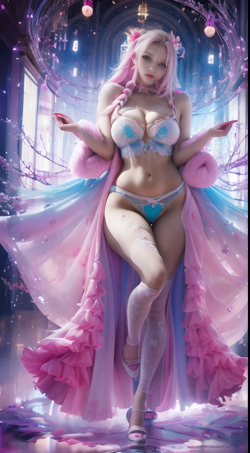 strawberry pink color, A captivating anime girl gracefully emerges from the pages of a watercolor painting, her vibrant and intricate colors breathing life into the artwork. She wears extraordinary fantasy costumes,Decorated with exquisite details, reflecting the enchanting world she inhabits. Luminescent elements, like glowing crystals and ethereal wisps, surround her, casting a soft, otherworldly glow. The watercolor style imbues the image with a sense of fluidity and delicacy, as if the colors are effortlessly blending and bleeding into one another. Camera shot: Medium Shot, Camera lens: softfocus, Lighting: luminescent glow, watercolor brushstrokes, Long legs, Stunning composition, Foot braids, Beautiful and detailed legs, belly button expose, exposed cleavage, shining thighs, shining legs, showing a delicate slim figure and graceful curves, (ultra Realistic), ( illustration), (High res), (8K), (highly detailed), (the best illustration), (Beautiful Detailed Eyes), (best Quality), (Super Detailed), (Master peace), (Wallpapers), (Detailed Face),