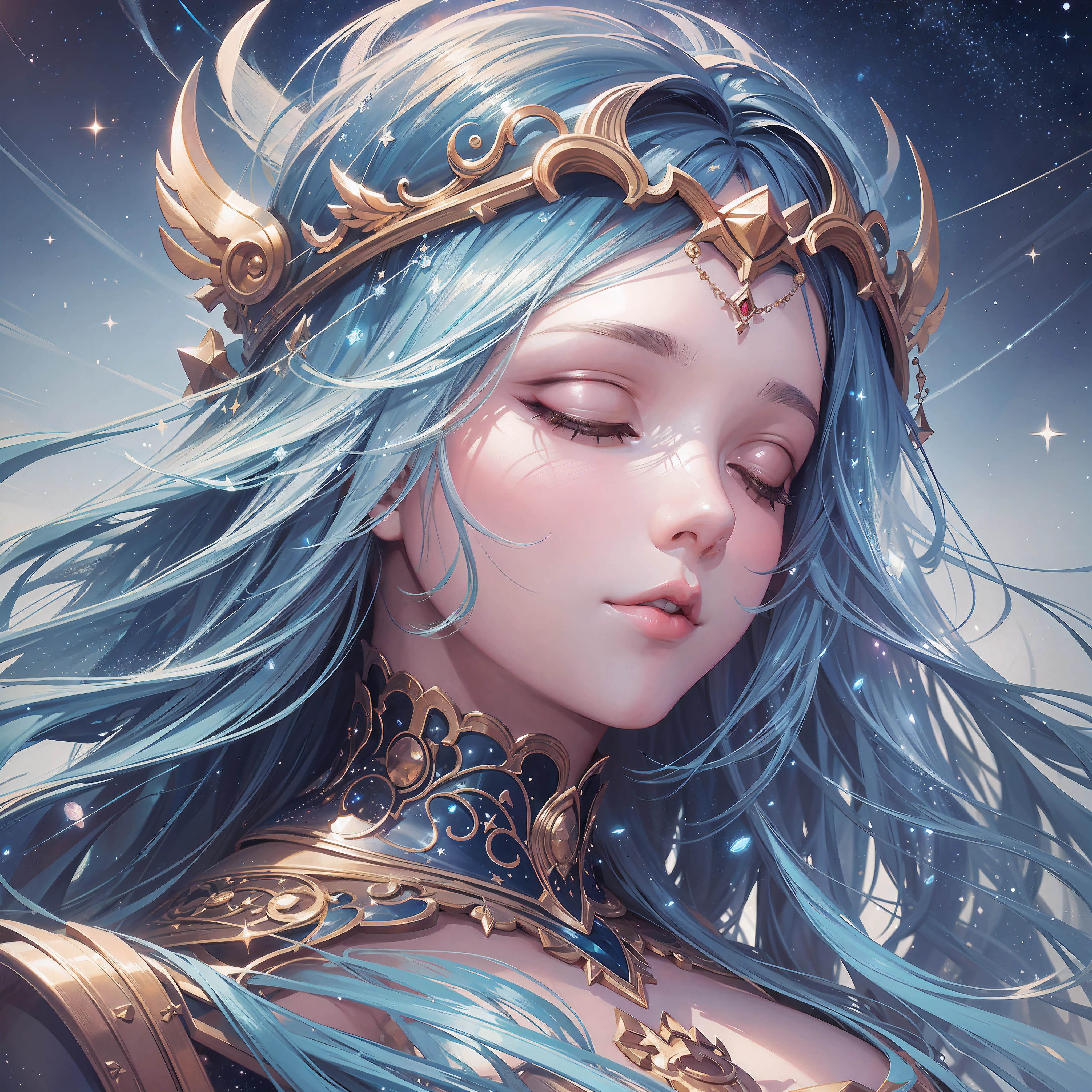 Celestial goddess sleeping amidst the stars, Wlop, artgerm, hyperrealistic, hyper detailed, photorealistic, breathtaking, beautiful, awe, incredible composition, amazing depth, imposing, meticulously composed, 16k resolution concept art