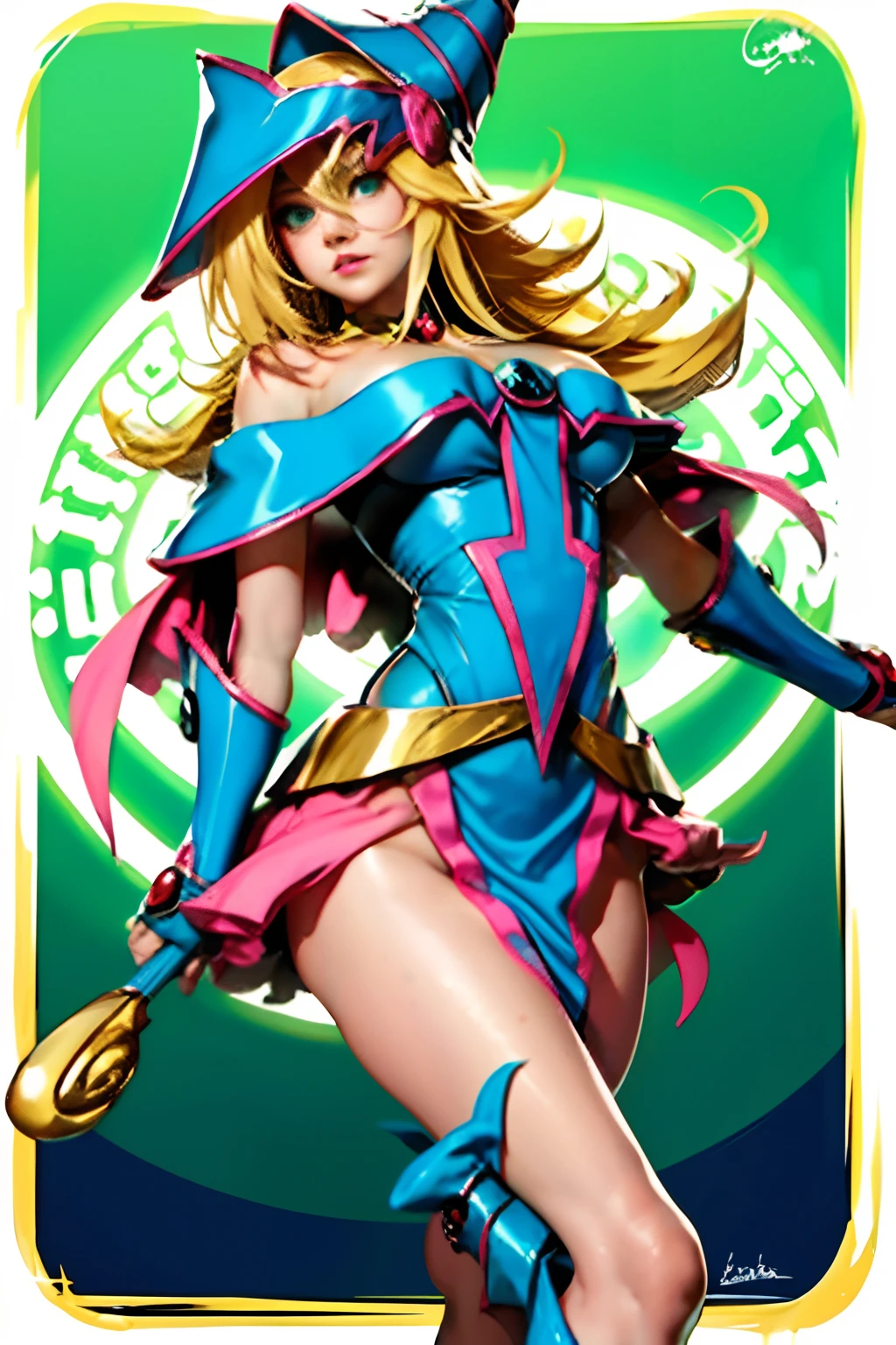 Hermosa maga oscura (obra maestra: 1.2, La mejor calidad), (1 ****, solamente), grandes senos, (Dynamic posture), (Super Hero Costume) levitando sobre la cuidad, (Beautiful Dark Magician Girl Super Hero) vestuario de licra, capa, escote, as a Marvel Super Hero