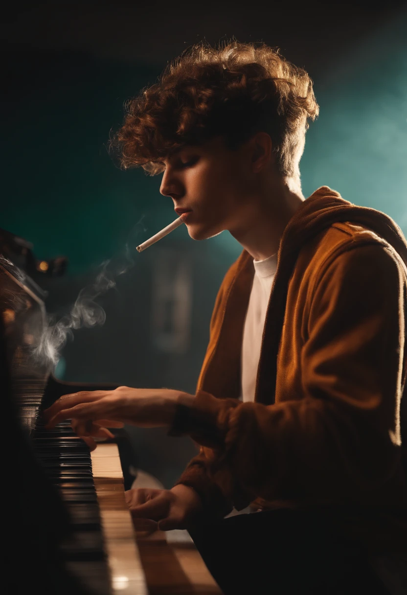 A hair boy with bangs messed up to the side in his music studio smoking