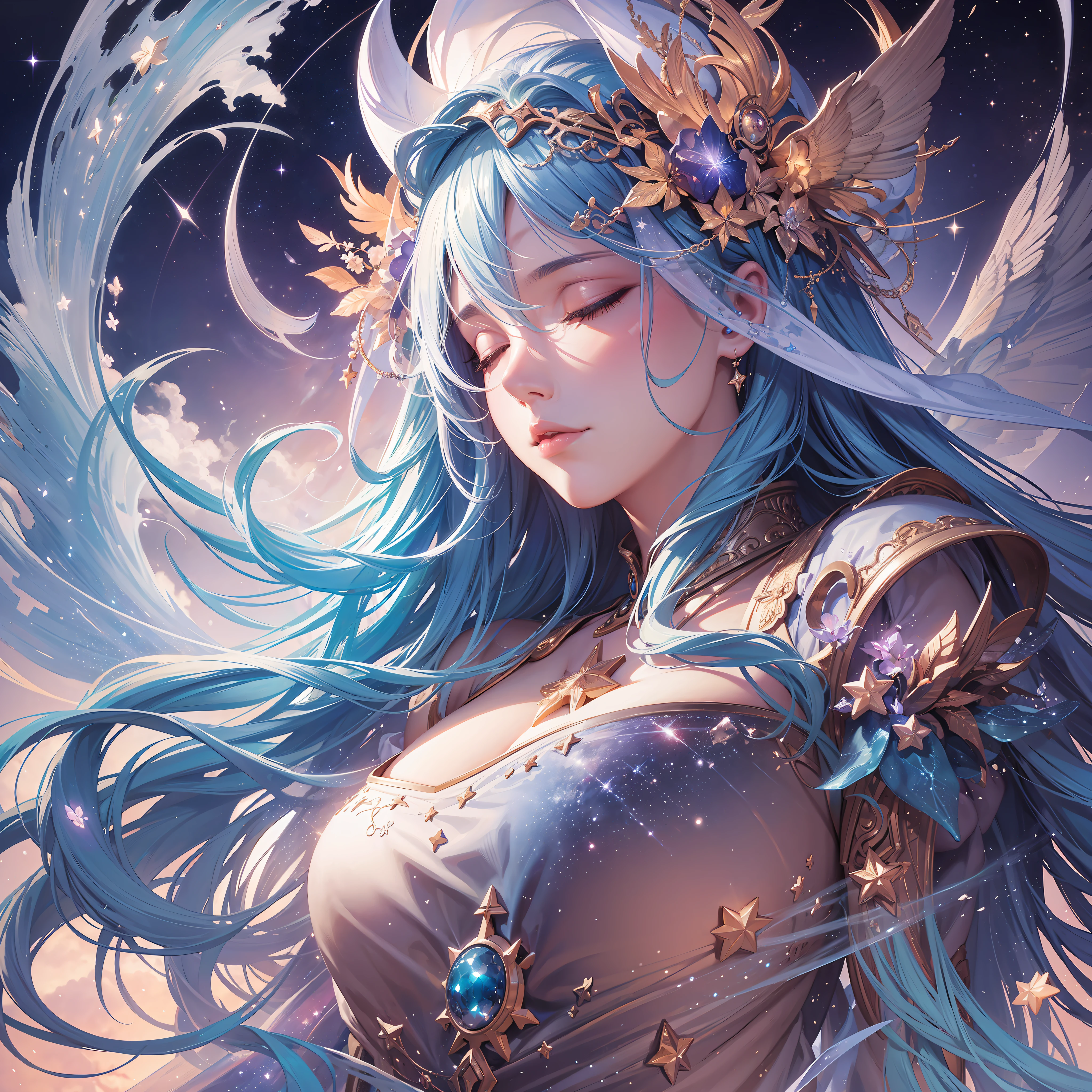 Celestial goddess sleeping amidst the stars, Wlop, artgerm, hyperrealistic, hyper detailed, photorealistic, breathtaking, beautiful, awe, incredible composition, amazing depth, imposing, meticulously composed, 16k resolution concept art