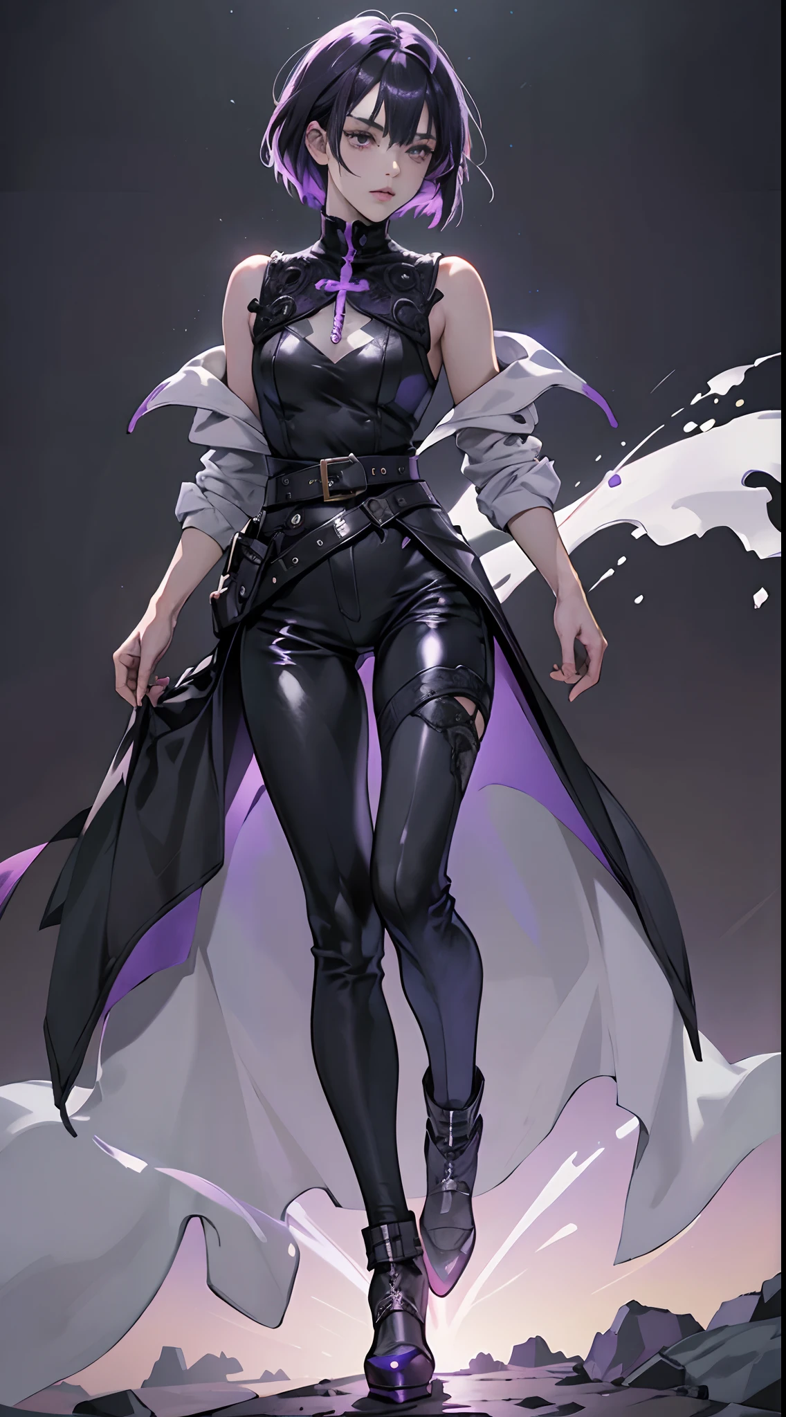 (Best Quality,4K,High resolution), 18yo woman, Purple mesh hair on black hair, Boyish short-haired  , Comical appearance，(Best Quality,4K,High resolution), 18yo woman, Purple highlights on black hair, Bery short hair,disheveled short hair ，(Best Quality,4K,High resolution),Sharp eyes ,Cold eyes，purple glowing eyes，Facial expression enhancement，Delicate illustrations drawn in detail，Intricately decorated high neck，sleeveless jacket，Black and purple color scheme，Tight leather pants，cross belt，Realistic portrayal，Vibrant colors，expresive，Quiet moonlight background(Best Quality,4K,High resolution), Comical appearance，(Best Quality,4K,High resolution), 18yo woman, Purple highlights on black hair, shorth hair,Bery short hair，  Beautiful woman,Cold eyes ,sharp eye，comic strip，animesque，Deformed cute illustration，Full body projection，Starlight，Take your eyes off，looking at sky，Losing sight of tomorrow，Time to be crushed，Time to chase，