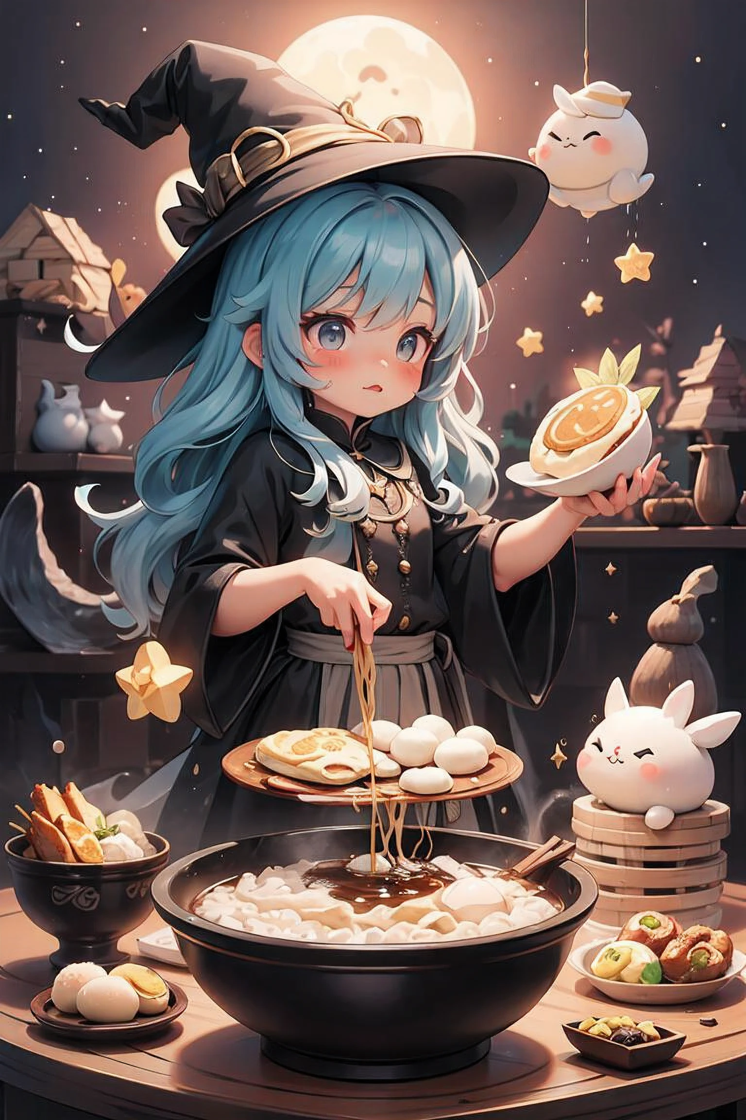 Bawan,beef noodle soup ,braised pork rice ,bubble tea ,Guabao ,iron egg ,millet mochi ,oyster omelet ,oyster vermicelli ,pan fried buns ,pepper bun ,pineapple cake ,rice noodles ,scallion pancake ,stinky tofu ,sun cake , girl, witch, magic, spell book, potion, wand, cauldron, robes, pointed hat, broomstick, mystical creatures, moon, stars, candlelight, crystals, enchanted forest, flying, levitating, casting spell,