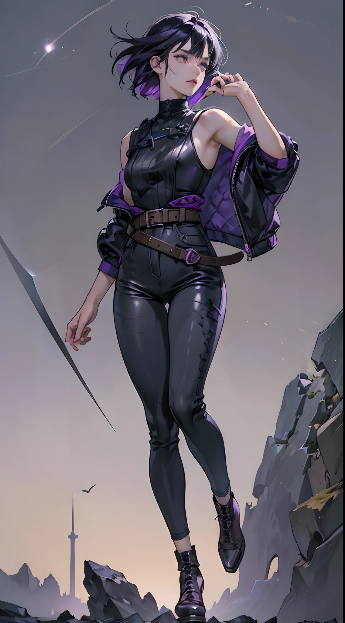 (Best Quality,4K,High resolution), 18yo woman, Purple mesh hair on black hair, Boyish short-haired , Comical appearance,(Best Quality,4K,High resolution), 18yo woman, Purple highlights on black hair, Bery short hair,disheveled short hair ,(Best Quality,4K,High resolution),Sharp eyes ,Cold eyes,purple glowing eyes,Facial expression enhancement,Delicate illustrations drawn in detail,Intricately decorated high neck,sleeveless jacket,Black and purple color scheme,Tight leather pants,cross belt,Realistic portrayal,Vibrant colors,expresive,Quiet moonlight background(Best Quality,4K,High resolution), Comical appearance,(Best Quality,4K,High resolution), 18yo woman, Purple highlights on black hair, shorth hair,Bery short hair, Beautiful woman,Cold eyes ,sharp eye,comic strip,animesque,Deformed cute illustration,Full body projection,Starlight,Take your eyes off,looking at sky,Losing sight of tomorrow,Time to be crushed,Time to chase,