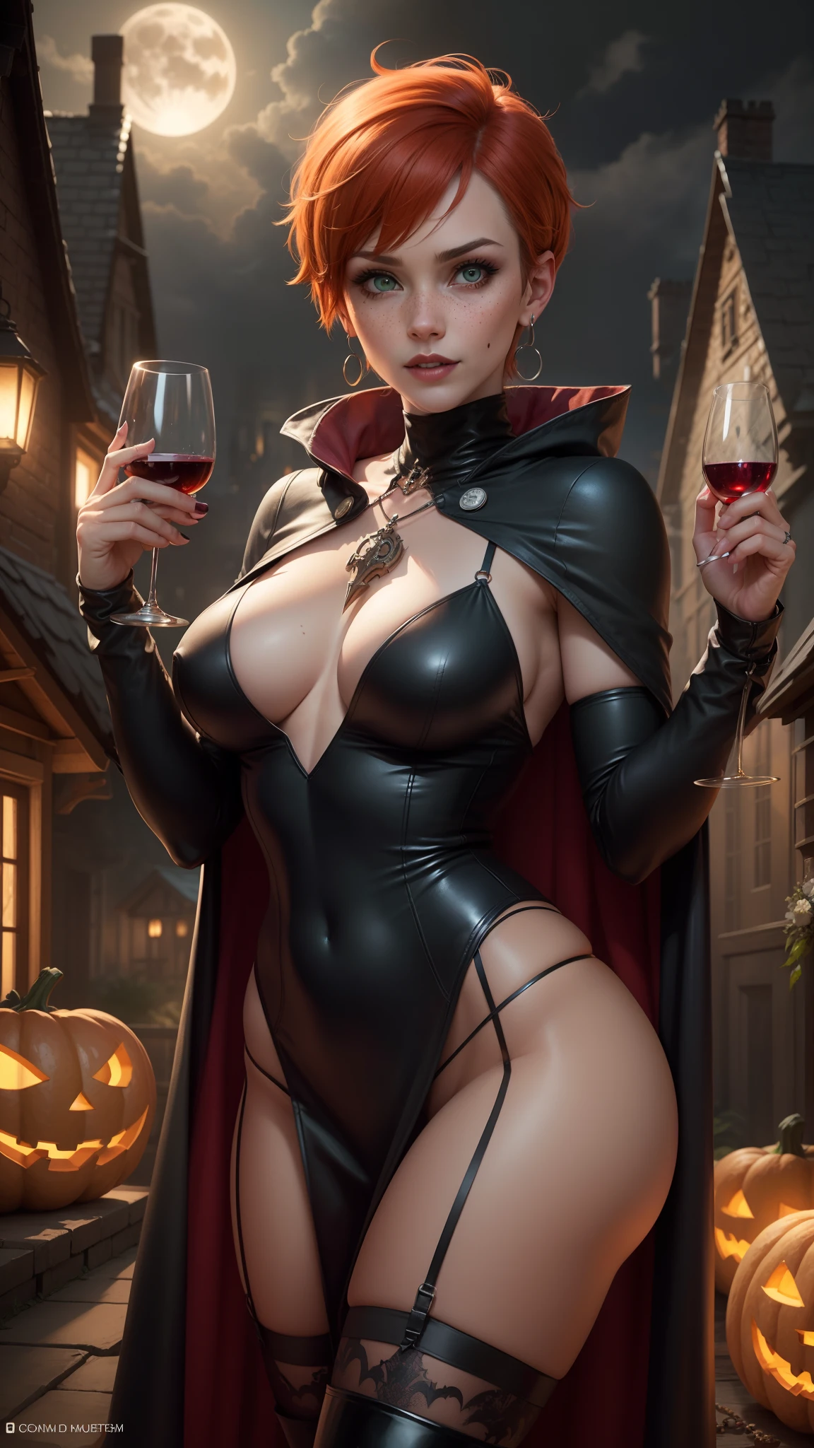 gwen tennyson,tracer,bulma,rebecca chambers,nier automata,solo girl,close up,moonlight,vampire costume,red neck jewelry,body tattoos,long skirt,garter belt,short hair,red earrings,vampire fangs,red long sleeve top,vampire dress,holding a wine glass,pumpkin village,vampire cloak,halloween castle,bat amulets,gothic makeup,glowing pumpkin,green eyes,orange hair,shy smile,freckles,redhead,beautiful girl, large breasts,thigh high boots,ultra detailed,realistic,fantasy art,