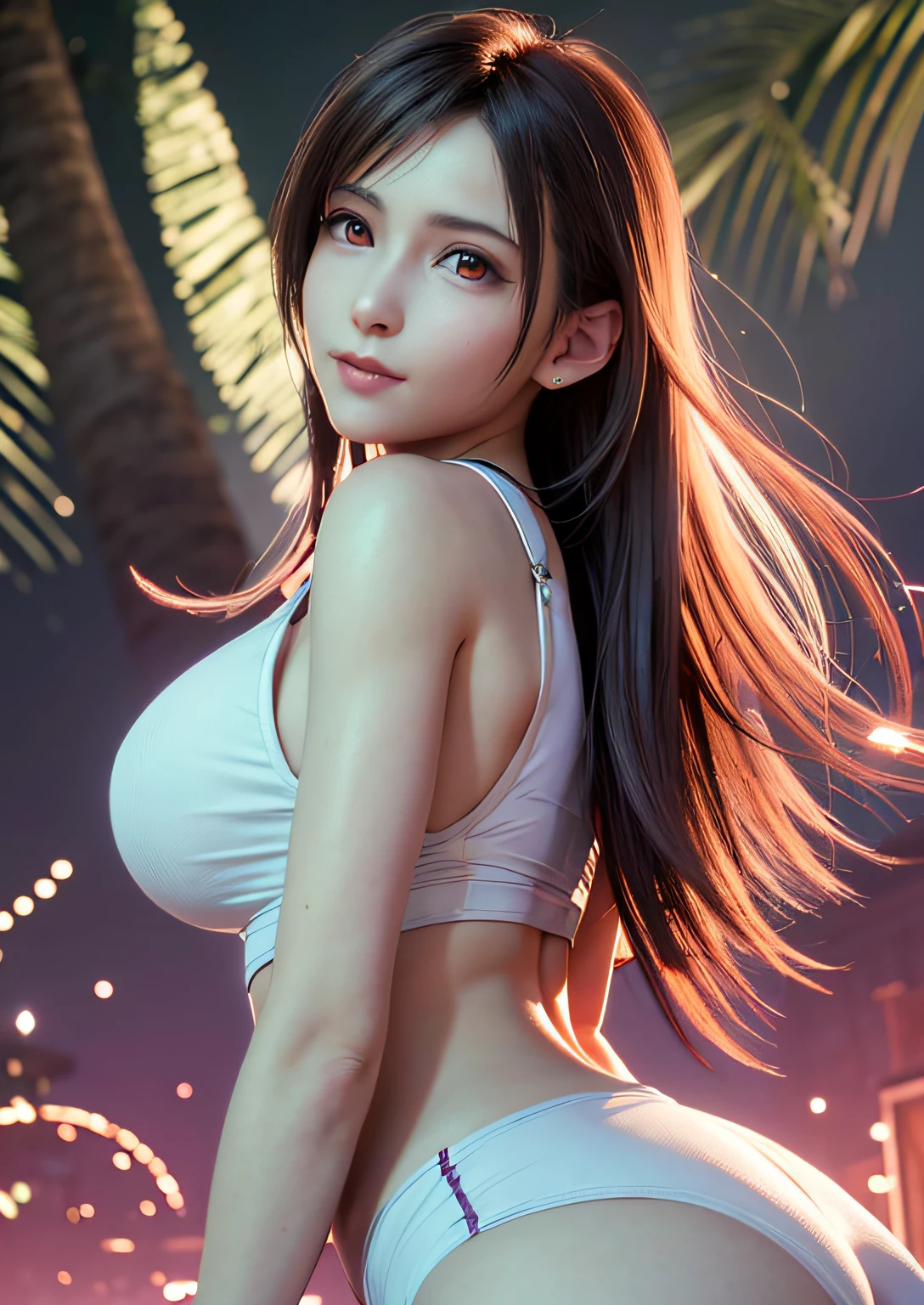 （A MILF、red blush、20yo、Narrow-eyed、Highlights in the eyes）(Photorealsitic:1.4)、独奏、top-quality、extremely delicate and beautiful、hight resolution、1girl、tifa_lockhart、a smile、cowboy  shot、A dark-haired、length hair、Beautiful detailed red eyes、Facial light、电影灯光、nabel、(gigantic breasts:1.0)、detailedbackground、Fluttering hair、Adult Beautiful Woman、(Hold your breasts between your arms and pull your breasts closer)、From  above、, absurderes, enticing, 超A high resolution, A hyper-realistic, High Detail, Soft lightning、the golden ratio、Competitive swimsuit with pink lines on a white background, Wet and see-through, wetted skin, , detailedbackground, Enjoy a vacation at a luxury resort hotel, in poolside, Lavishly decorated awning parasols, Luxurious beach chairs, Warebyte, Looks Back, looking down to viewer,((From below:1.5)),((Leaning forward)), seen from back, ((Low angle shooting method with emphasis on buttocks)), (NSFW:1.2)