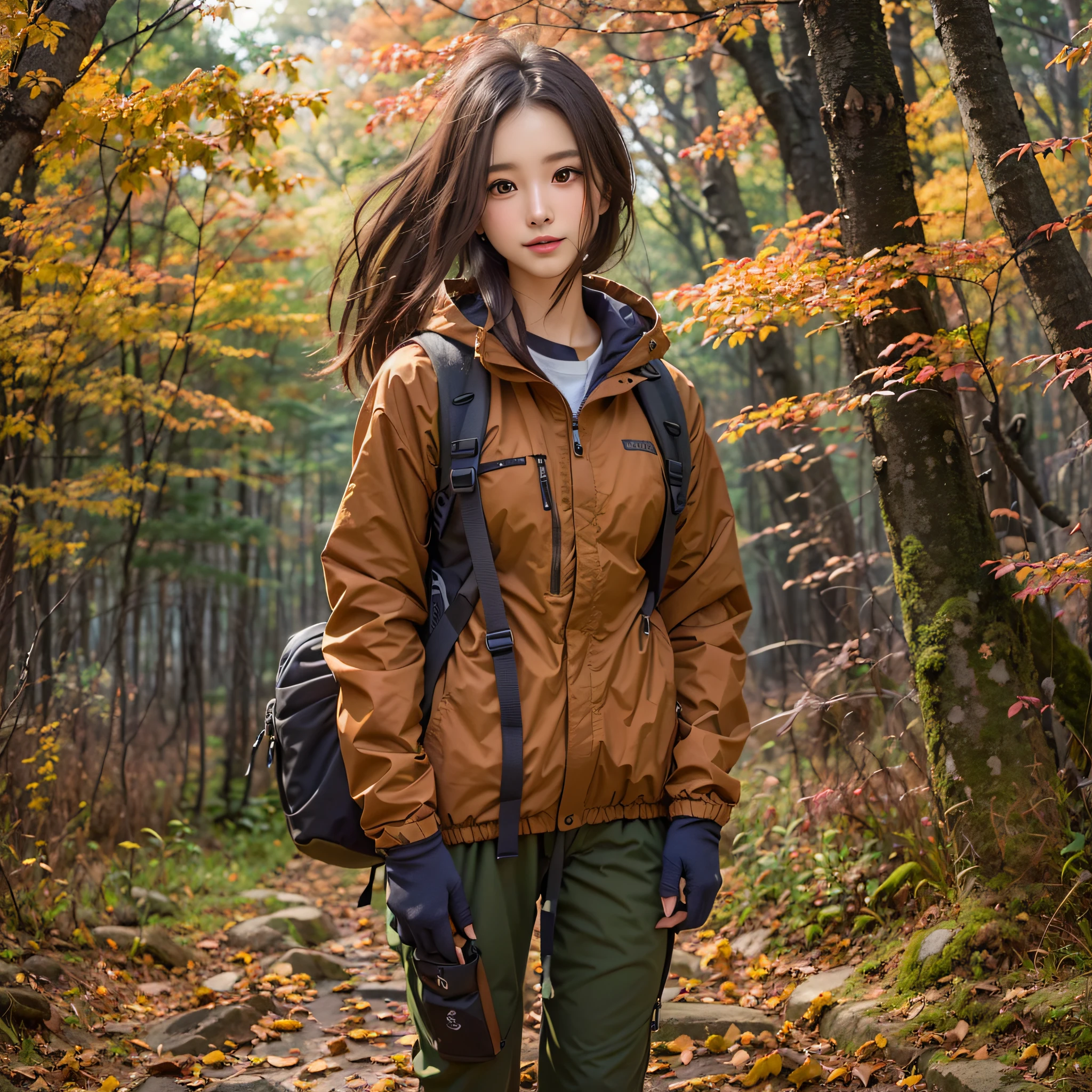 (Nature-scape photography), (best quality), masterpiece:1.2, ultra high res, photorealistic:1.4, RAW photo, (A plain with autumn leaves of Chinguruma), (wide angle shot), (Show cleavage:0.8),
(1girl), (Photo from the knee up:1.3), (looking at the audience), (18 years old), (smile:1.2), (shiny skin), (real skin), (semi-long hair, dark brown hair)
(windbreaker), (Trekking-pants), (Carrying a large backpack),
(ultra detailed face), (ultra Beautiful fece), (ultra detailed eyes), (ultra detailed nose), (ultra detailed mouth), (ultra detailed arms), (ultra detailed body), pan focus