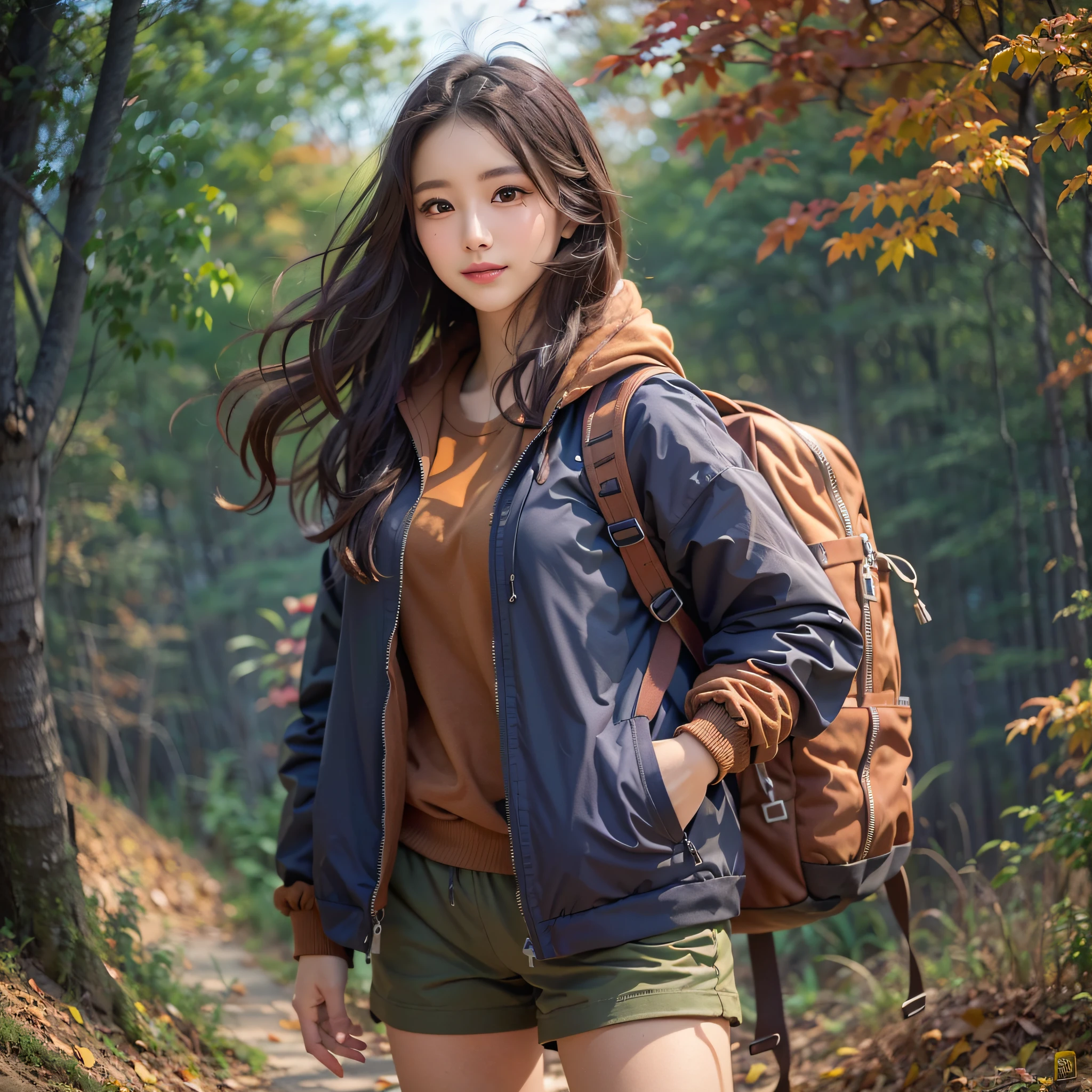 (Nature-scape photography), (best quality), masterpiece:1.2, ultra high res, photorealistic:1.4, RAW photo, (A plain with autumn leaves of Chinguruma), (wide angle shot), (Show cleavage:0.8),
(1girl), (Photo from the knee up:1.3), (looking at the audience), (18 years old), (smile:1.2), (shiny skin), (real skin), (semi-long hair, dark brown hair)
(windbreaker), (Trekking-pants), (Carrying a large backpack),
(ultra detailed face), (ultra Beautiful fece), (ultra detailed eyes), (ultra detailed nose), (ultra detailed mouth), (ultra detailed arms), (ultra detailed body), pan focus