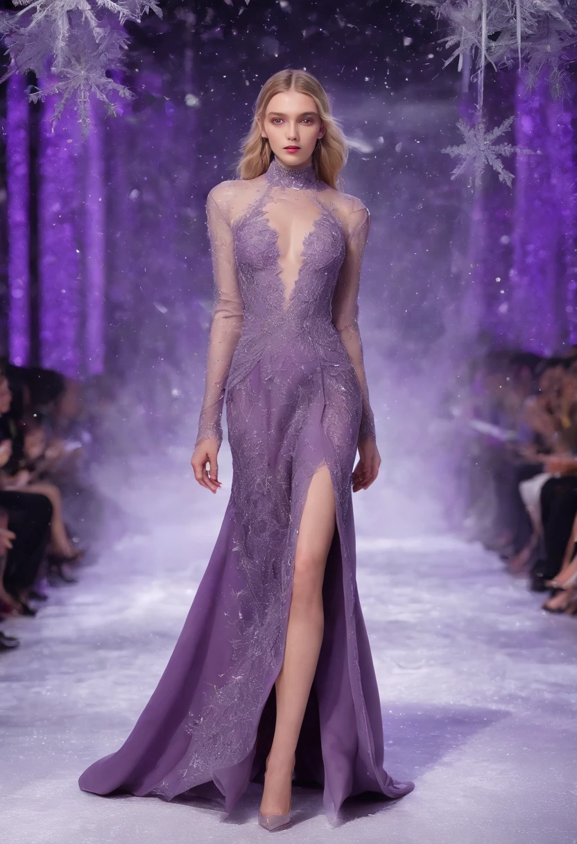 (Best quality,4K,8K,A high resolution,Masterpiece:1.2), Ultra-detailed, (Realistic,Photorealistic,photo-realistic:1.37), fashion show photo, Barr Lefaly, (Perfect limbs), fashion show photo, ((fully body photo)),  ((There is a very flowing purple amethyst dress)),Romantic, supermodel body,,opulent, Beautiful high heels, Glamorous, indoor: (((Runway scene))), (Snowflakes in the background, wave,stars, ), inside in room：Catwalk scene， Long-range shooting.