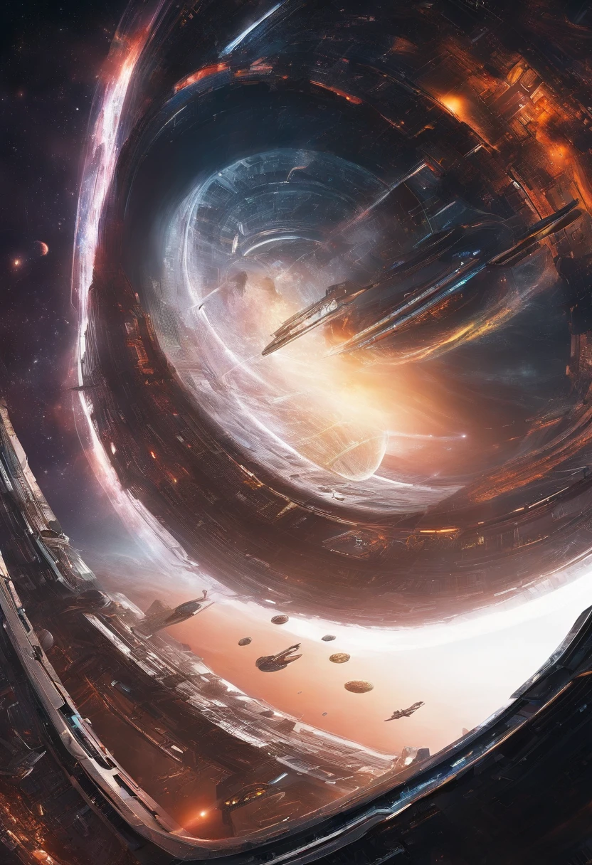 Intergalactic base, in the orbit of a supermassive black hole with a beautiful accreting disk, uma base similar a uma esfera de dyson, futuristic and all-metal base, in the vacuum of space.