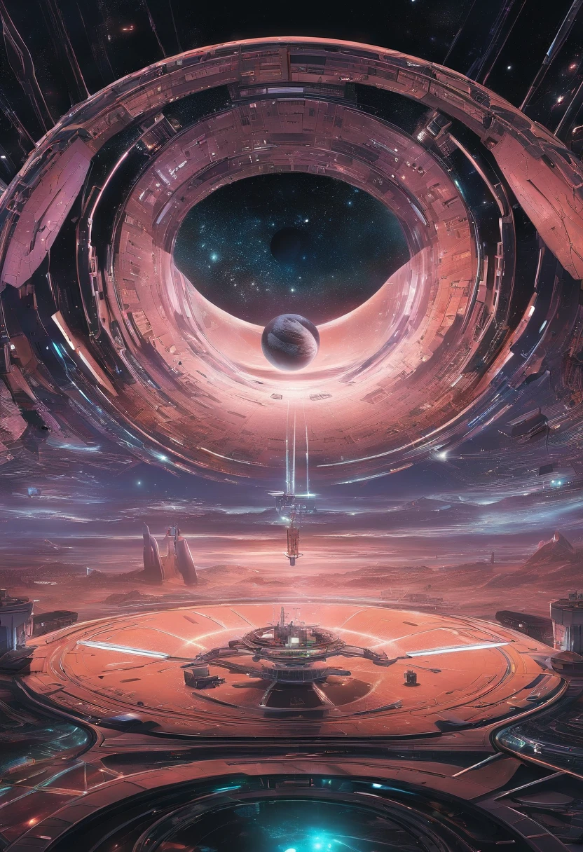 Intergalactic base, in the orbit of a supermassive black hole with a beautiful accreting disk, uma base similar a uma esfera de dyson, futuristic and all-metal base, in the vacuum of space.