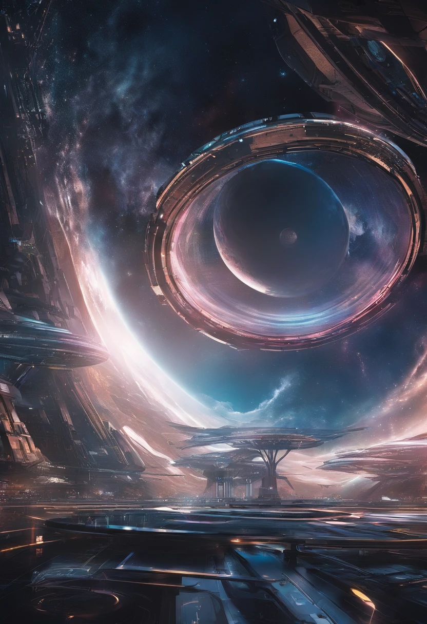 Intergalactic base, in the orbit of a supermassive black hole with a beautiful accreting disk, uma base similar a uma esfera de dyson, futuristic and all-metal base, in the vacuum of space.