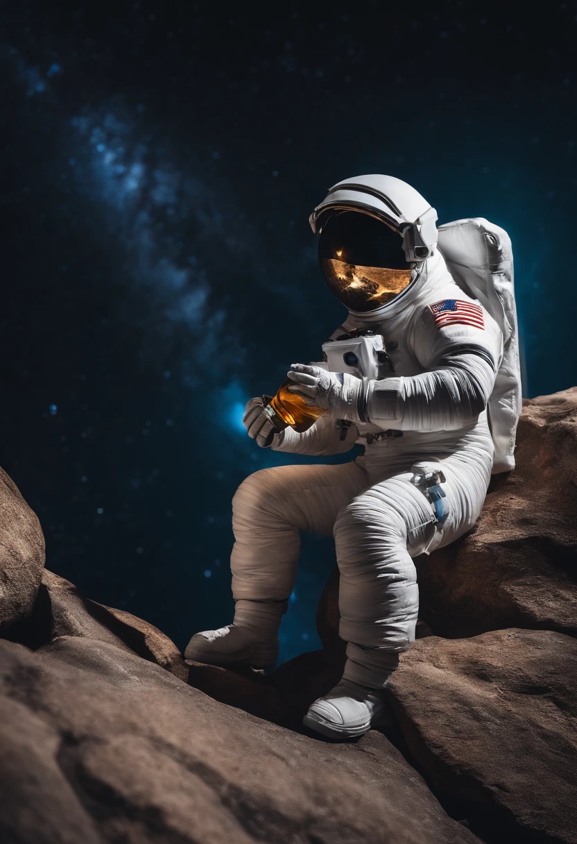an astronaut sitting on the rock facing him with a bottle in his hand