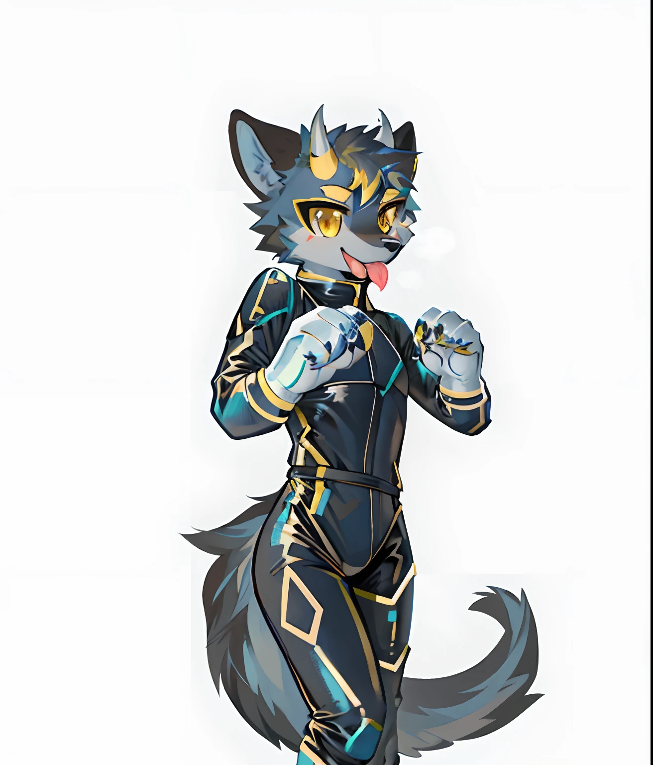 Close-up of a wolf dressed in black and blue, furaffinity commission, Anthropomorphic wolf ninja, , commission for high resolution, furaffinity fursona, furry furaffinity, commission on furaffinity, Sora as a wolf, fursona commission, professional furry drawing, ，wolves，fursona furry art commission，Latex clothing，Latex combat suit，fighting clothes，Smooth combat suit reflective，gold eyes，Yellow horns，Tongue Out，Yellow tongue