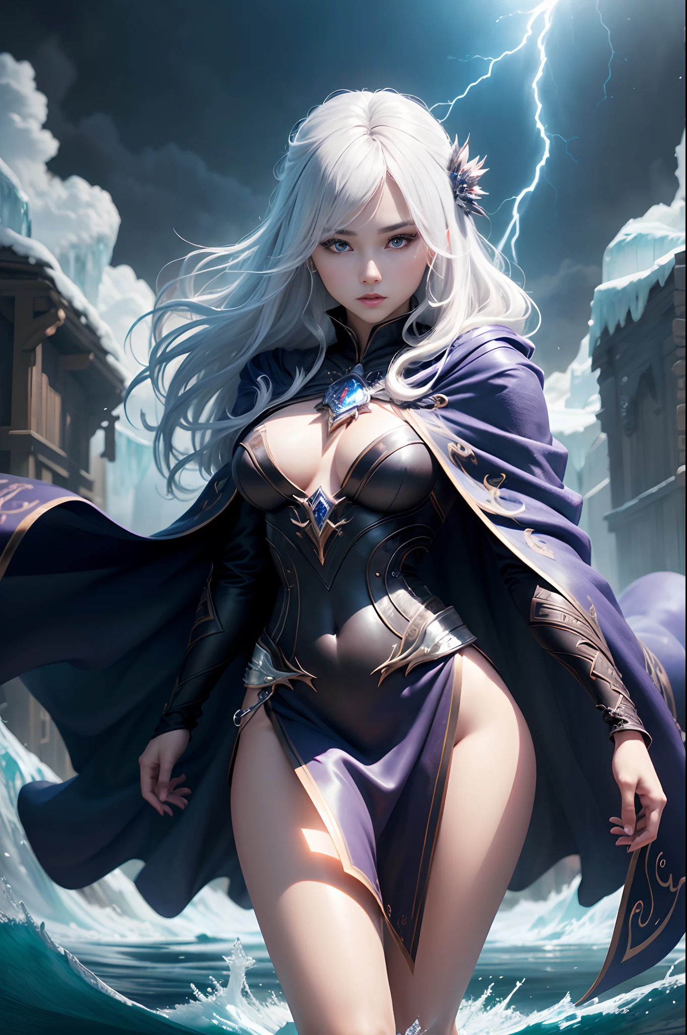 8K,(Skindent:1.5), reallistic, Photorealsitic, (masterpiece:1.5), concept-art, intricate detailes, high-detail, Photorealsitic, octane renderings, 8K, unrealengine, dynamicposes, Top image quality, hight resolution, (lifelike face:1.1), (hyper realisitic:1.1), ((full_body)), perfect eyes,(shinny skin:1.2), ((hairstyle on))), (((perfect hand))), (highly detailed back ground), Haunted Island, ((Dynamic backgrounds)), ((lightning)), (llight rays), (1 milf), wearing cloak, (((flowing cloak))), (((A detailed eye, Haute) Quality eyes、Quality face)、Blue long-haired、((flowing hairstyle)))、1girl((Control the water))、(((Whirlwind of ice)))、glacia、Tsunami、magia、(Dramatic)、epic poem、depth of fields、bokeh dof、4K、gotik、((Sateen))、Blocks of ice between the hands