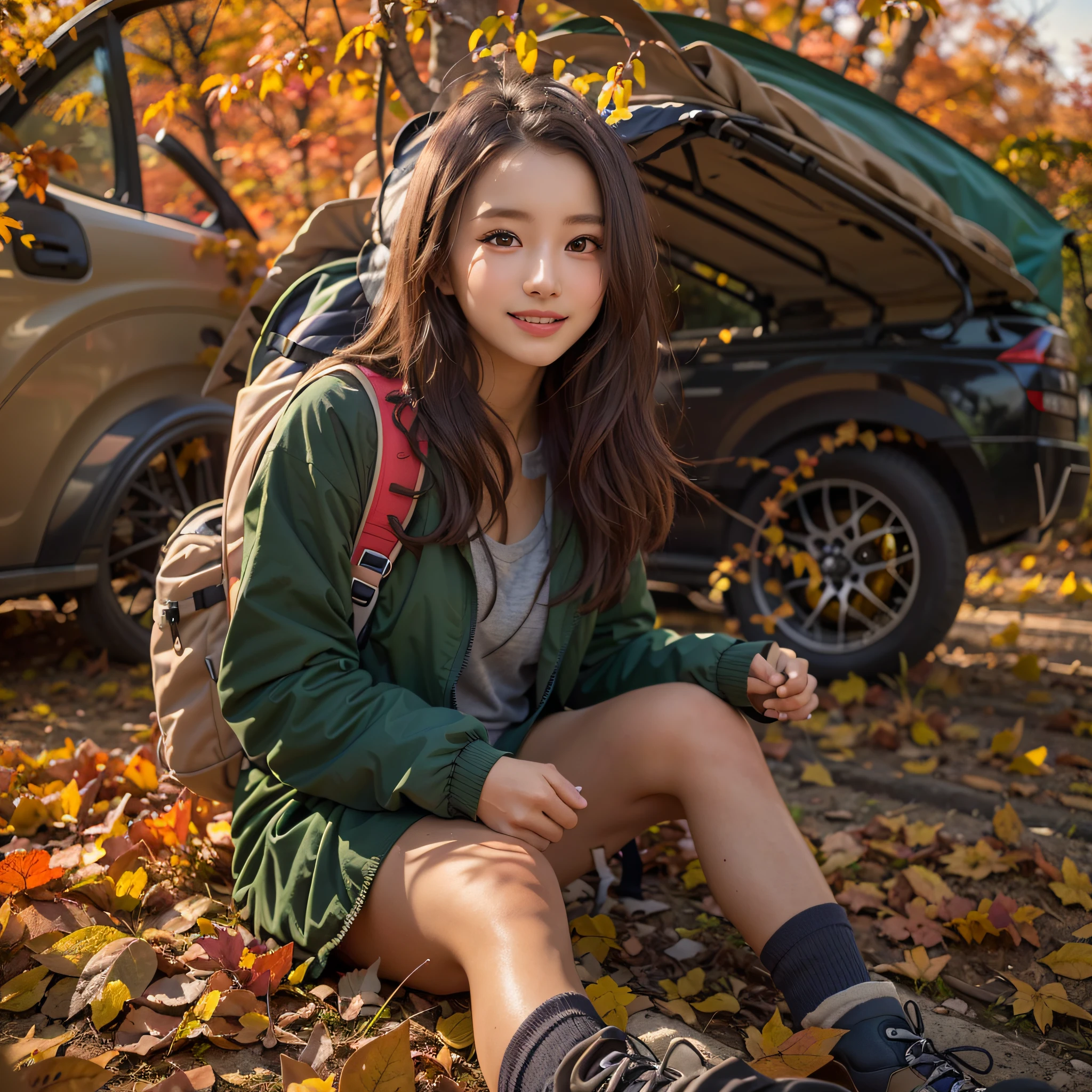 (Nature-scape photography), (best quality), masterpiece:1.2, ultra high res, photorealistic:1.4, RAW photo, (A plain with autumn leaves spreading all over the child's car), (wide angle shot),  (Show cleavage:0.8),
(1girl), (Photo from the knee up:1.3), (looking at the audience), (18 years old), (grinning smile:1.2), (shiny skin), (real skin), (semi-long hair, dark brown hair)
(windbreaker), (Trekking-pants), (Carrying a large backpack), 
(ultra detailed face), (ultra Beautiful fece), (ultra detailed eyes), (ultra detailed nose), (ultra detailed mouth), (ultra detailed arms), (ultra detailed body), pan focus